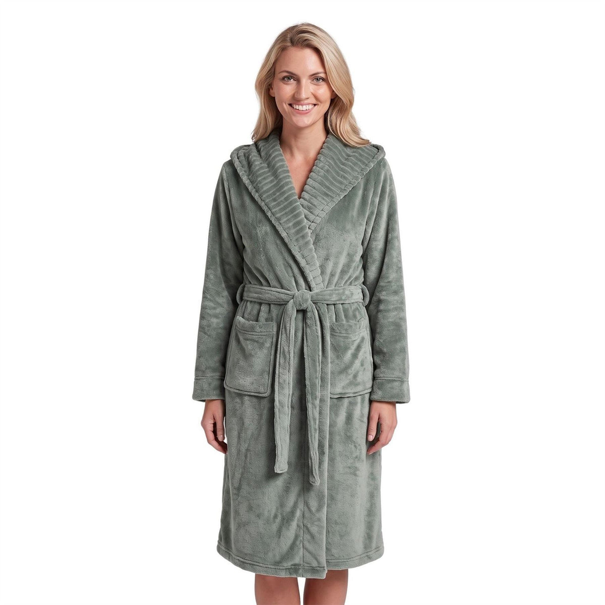 Camille Womens Supersoft Fleece Ribbed Collar Robe