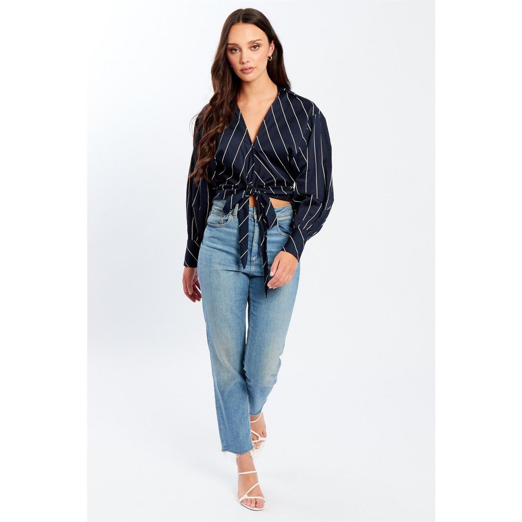 Influence Tie Front Long Sleeve Patterned Shirt