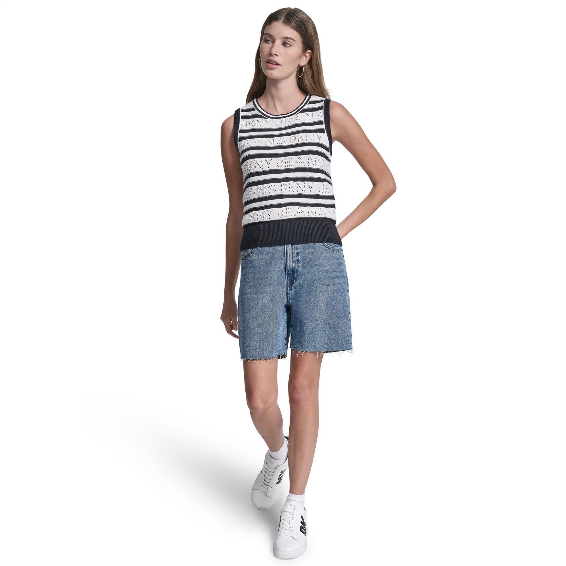 DKNY Jeans Logo Pointelle Striped Sleeveless Sweater
