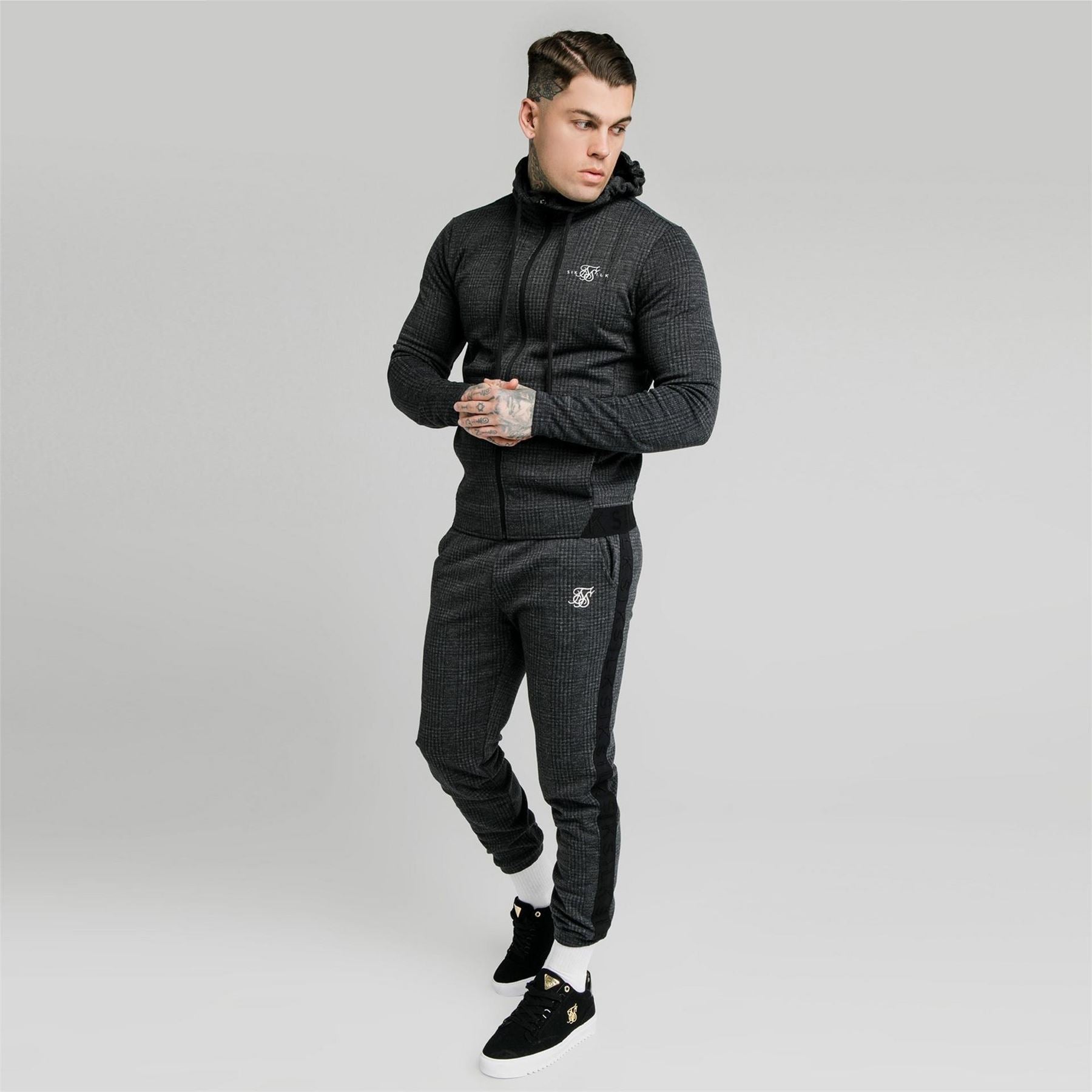 SikSilk Tonal Check Closed Hem Fleece Joggers