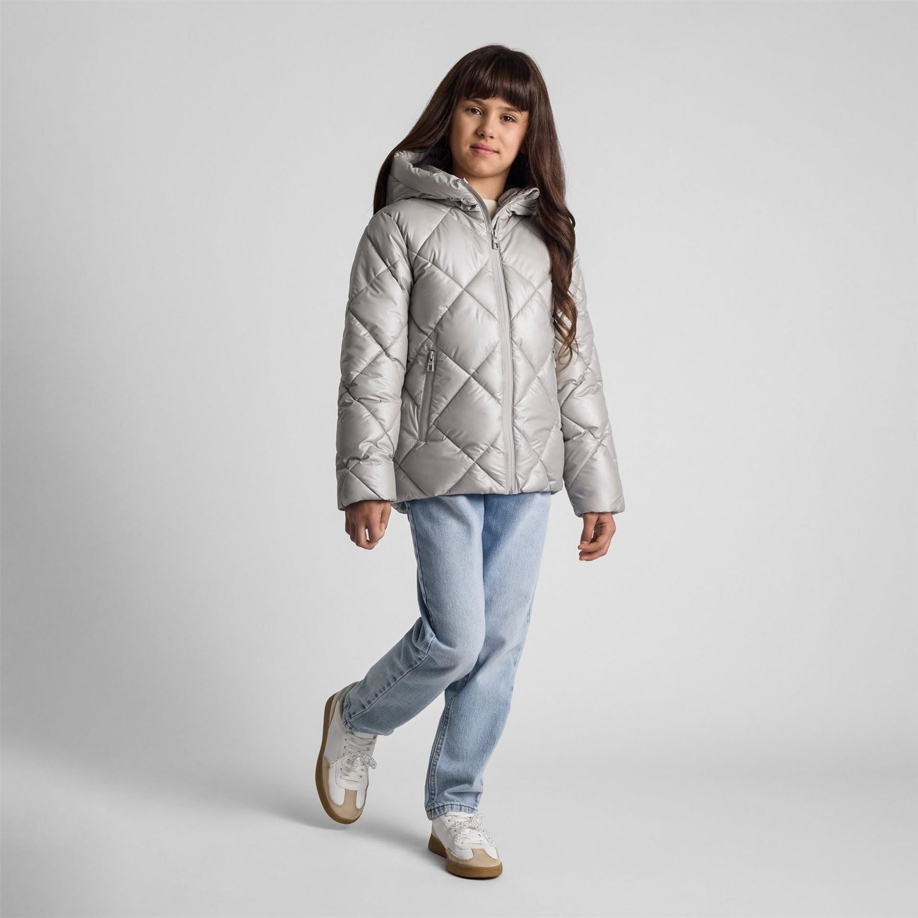 Minoti Girls Quilted Jacket With Hood And Zip Pockets Silver