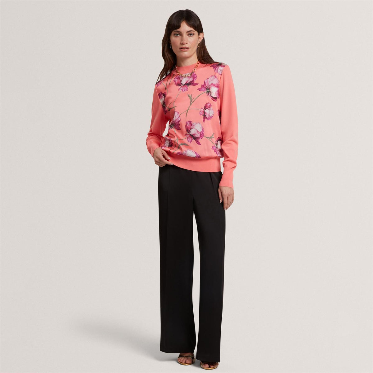 Ted Baker Baker Botanical Print Front Long Sleeve Knit Top