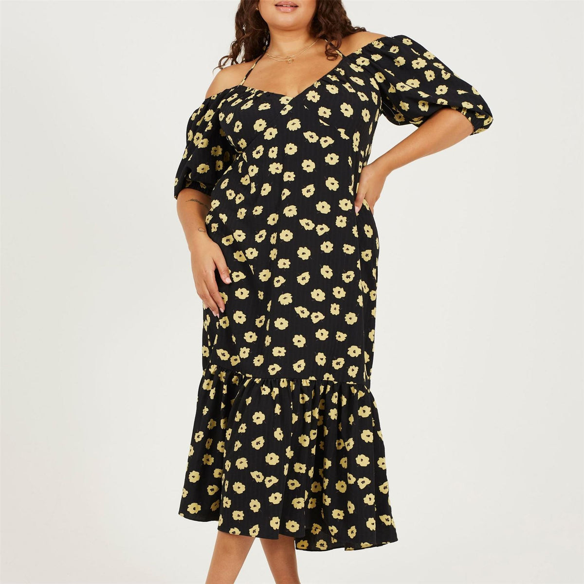 Brave Soul Plus Size Tiered Floral Midi Dress With Adjustable Sleeves