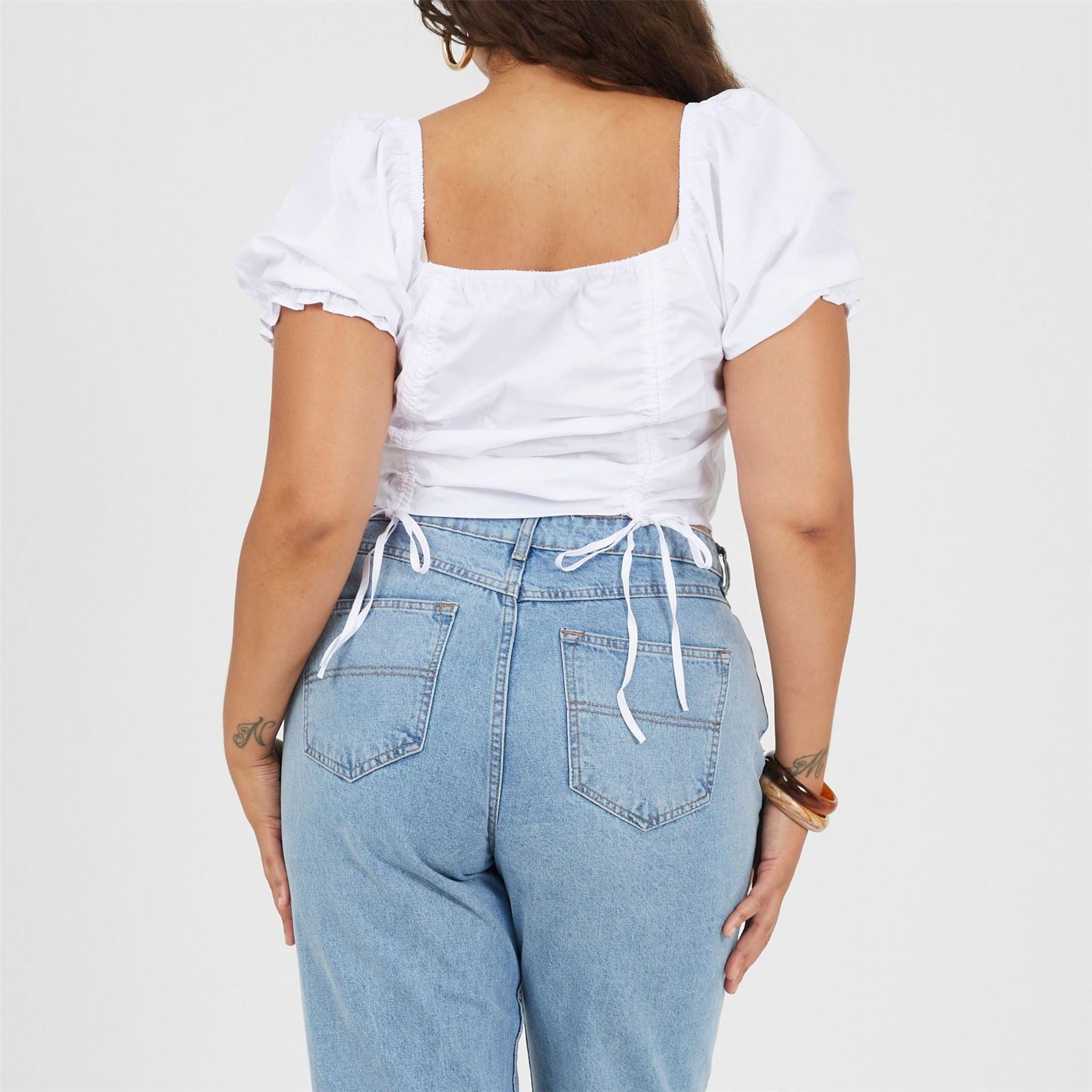 Brave Soul Womens Plus Size Puff Sleeve Top With Ruched And Tie Details.