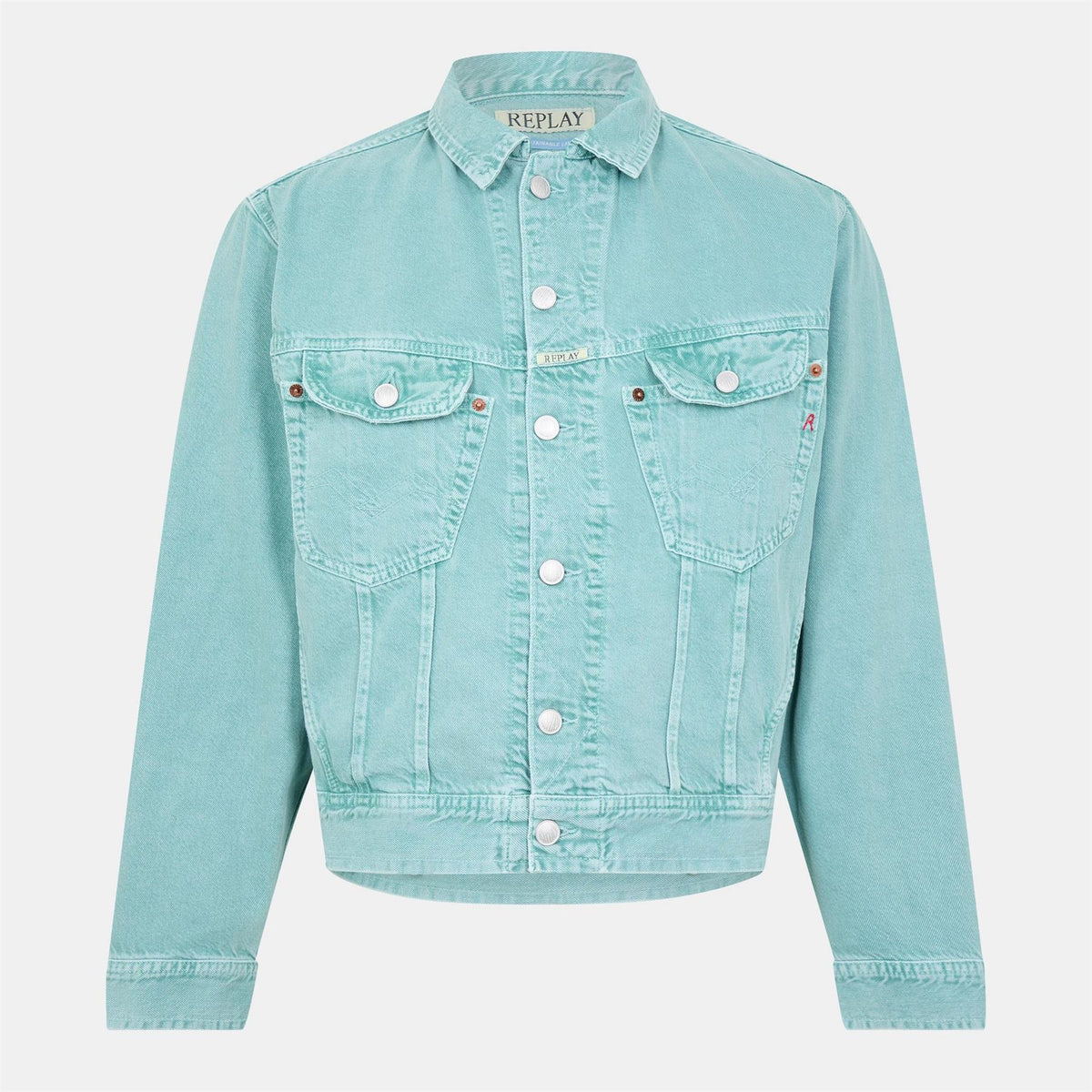 Replay Solid Patterned Snap Button Denim Jacket with Pockets