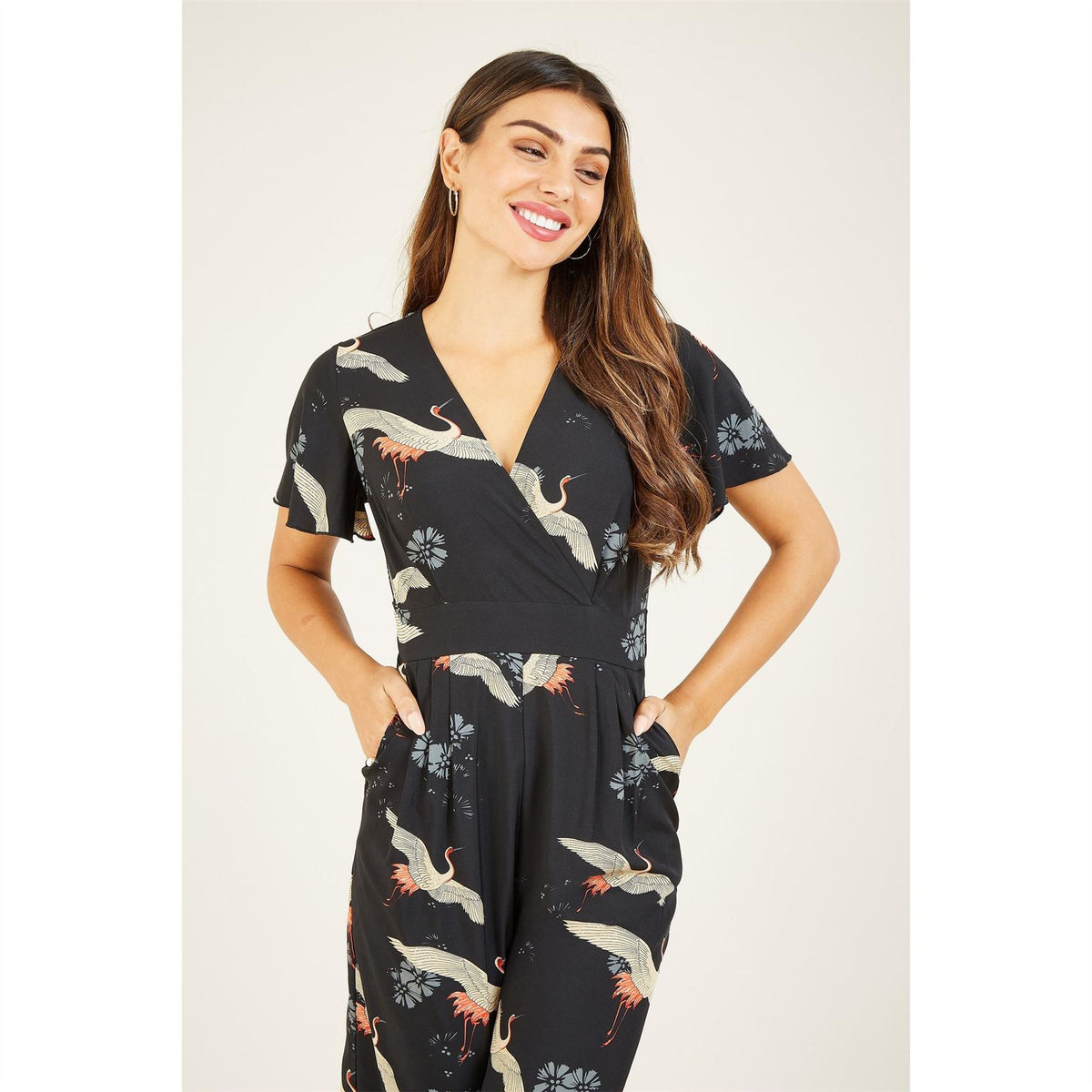 Yumi Crane Print Wide Leg Jumpsuit with Flutter Sleeves