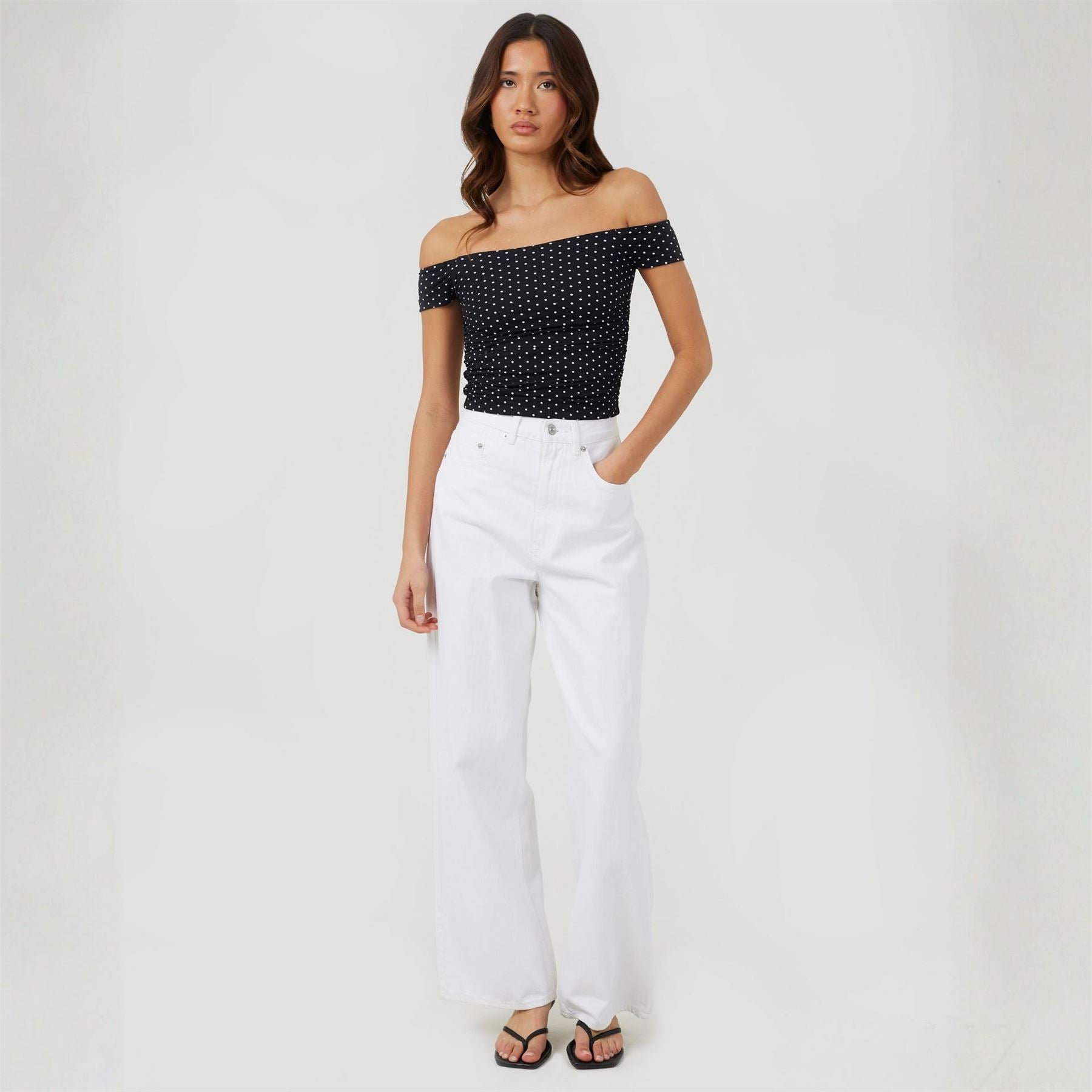 Brave Soul Womens Polka Dot Bardot Neck Jersey Top
