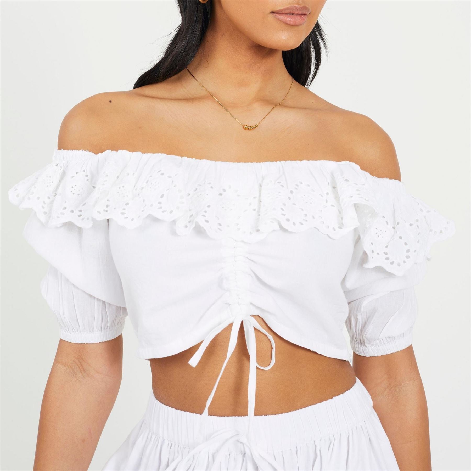 Brave Soul Womens Half Sleeve Cropped Top With Broderie Frill