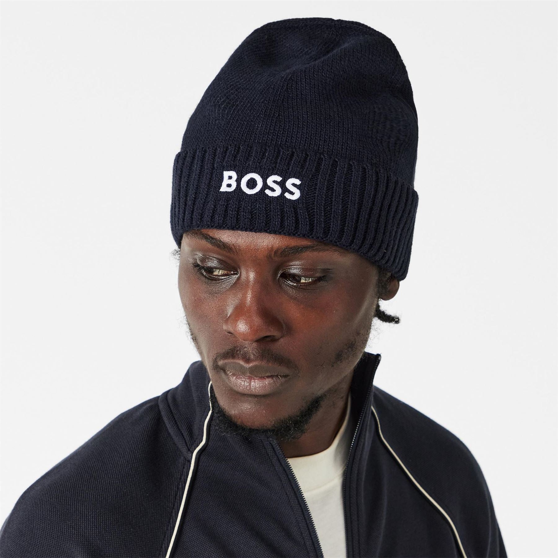 Boss Asport Wordmark Embroidered Logo Soft Feel Ribbed Cord Effect Turn Up Brim Beanie