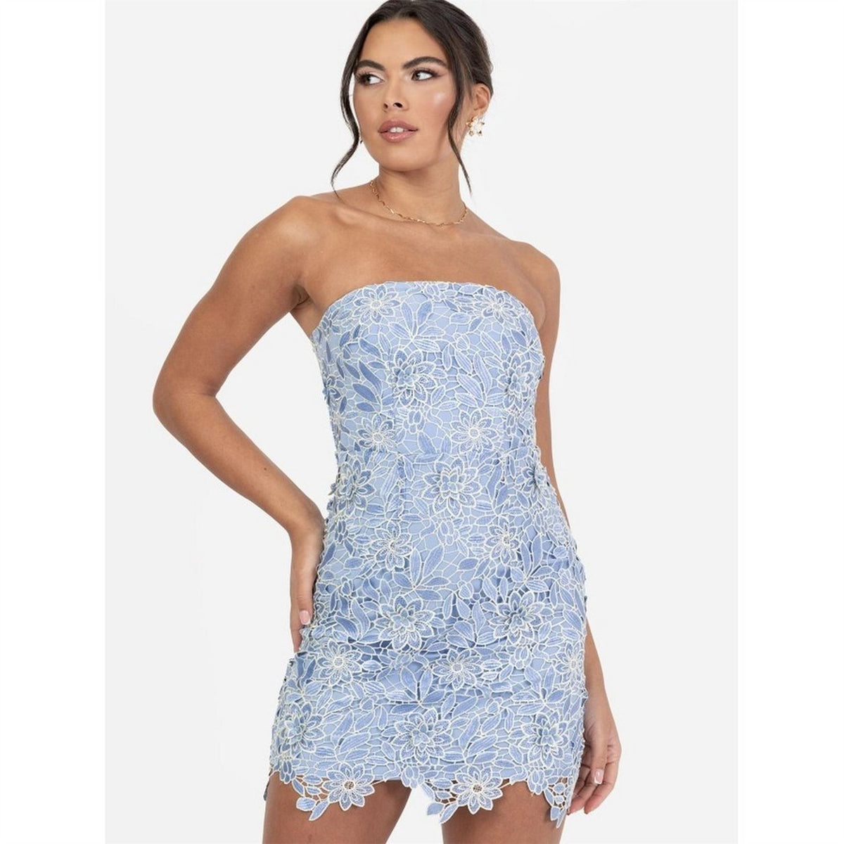 Maya Deluxe Blue Floral Lace Bandeau Mini Dress