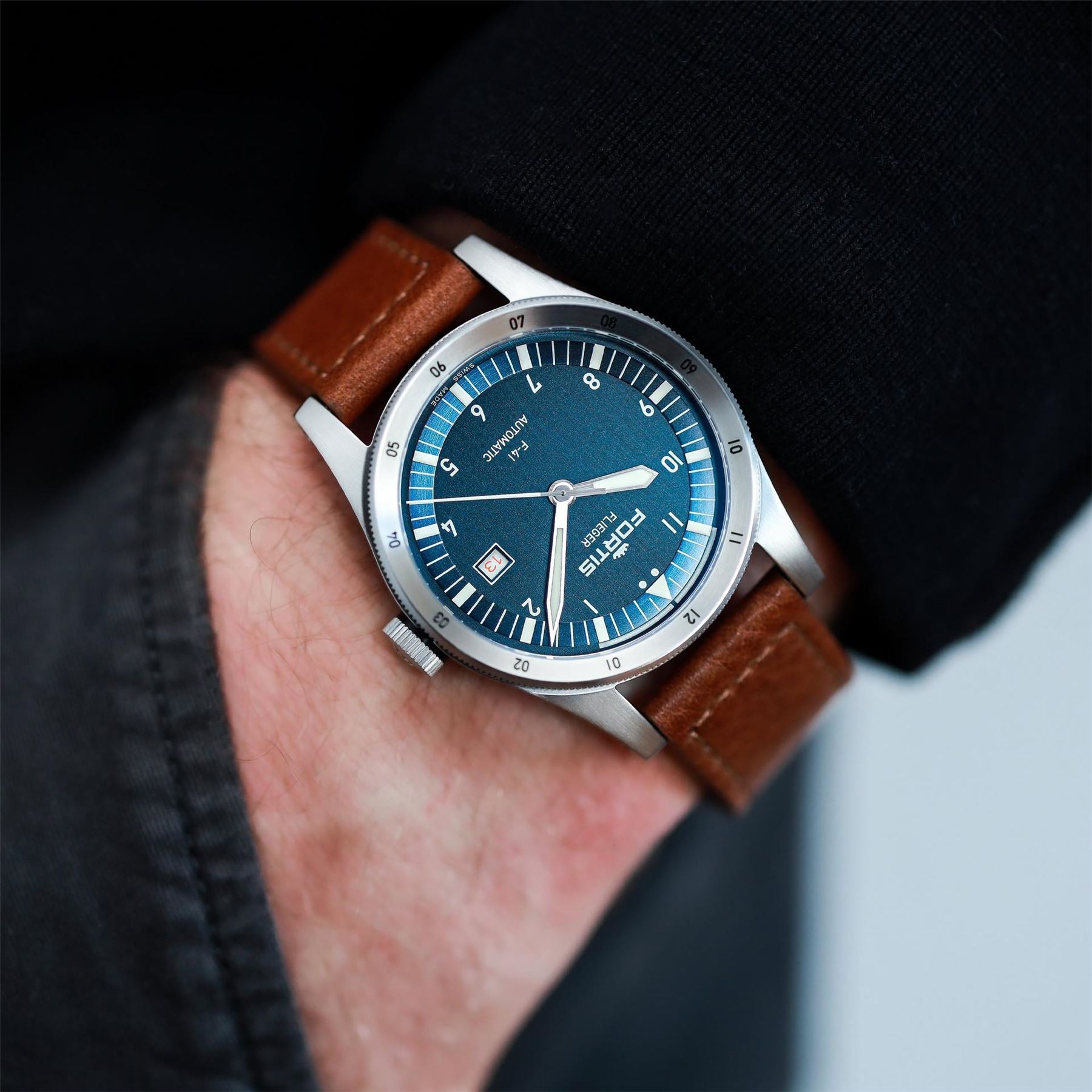Fortis Flieger Stainless Steel Leather Strap Auto Analogue Watch