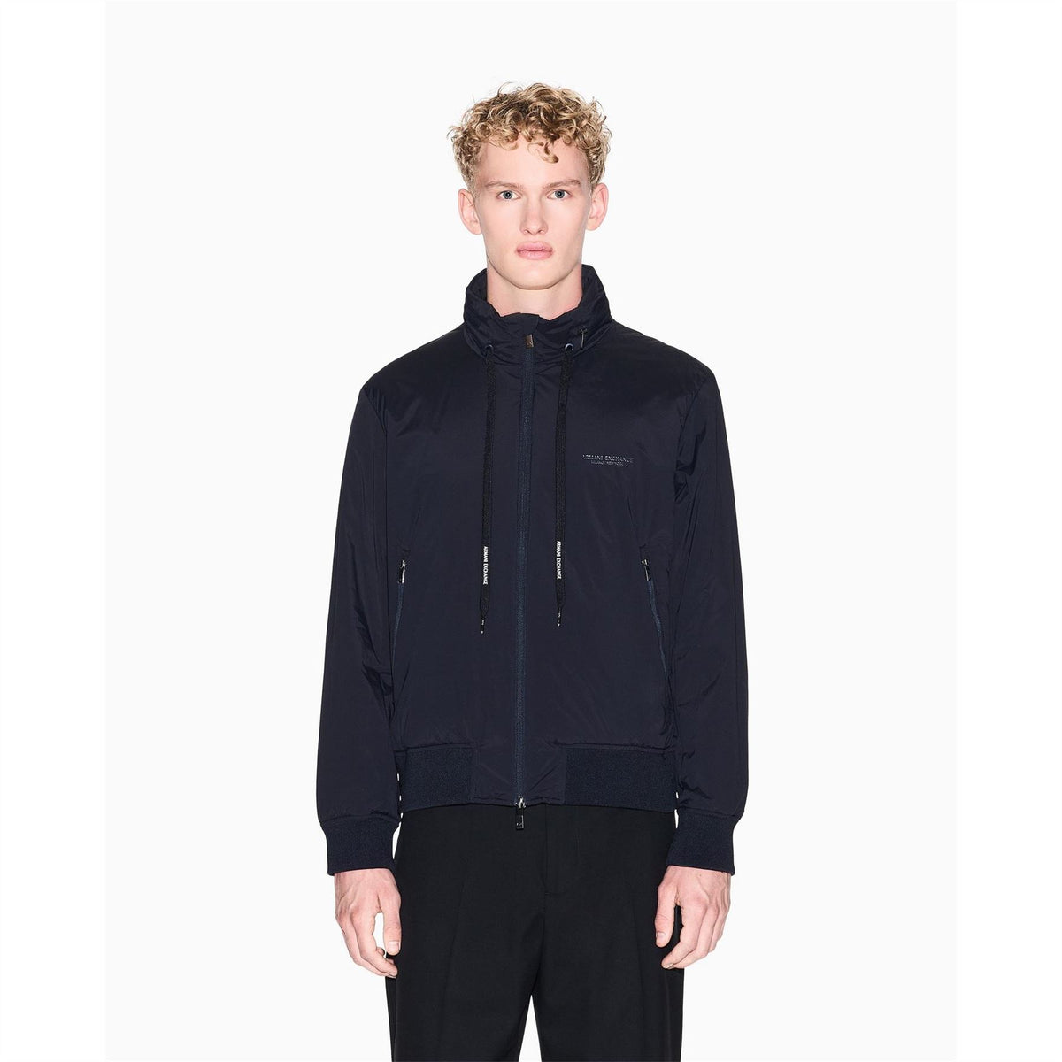 Armani Exchange Solid Patterned Harrington Jacket with Drawstring and Ribbed Cuff