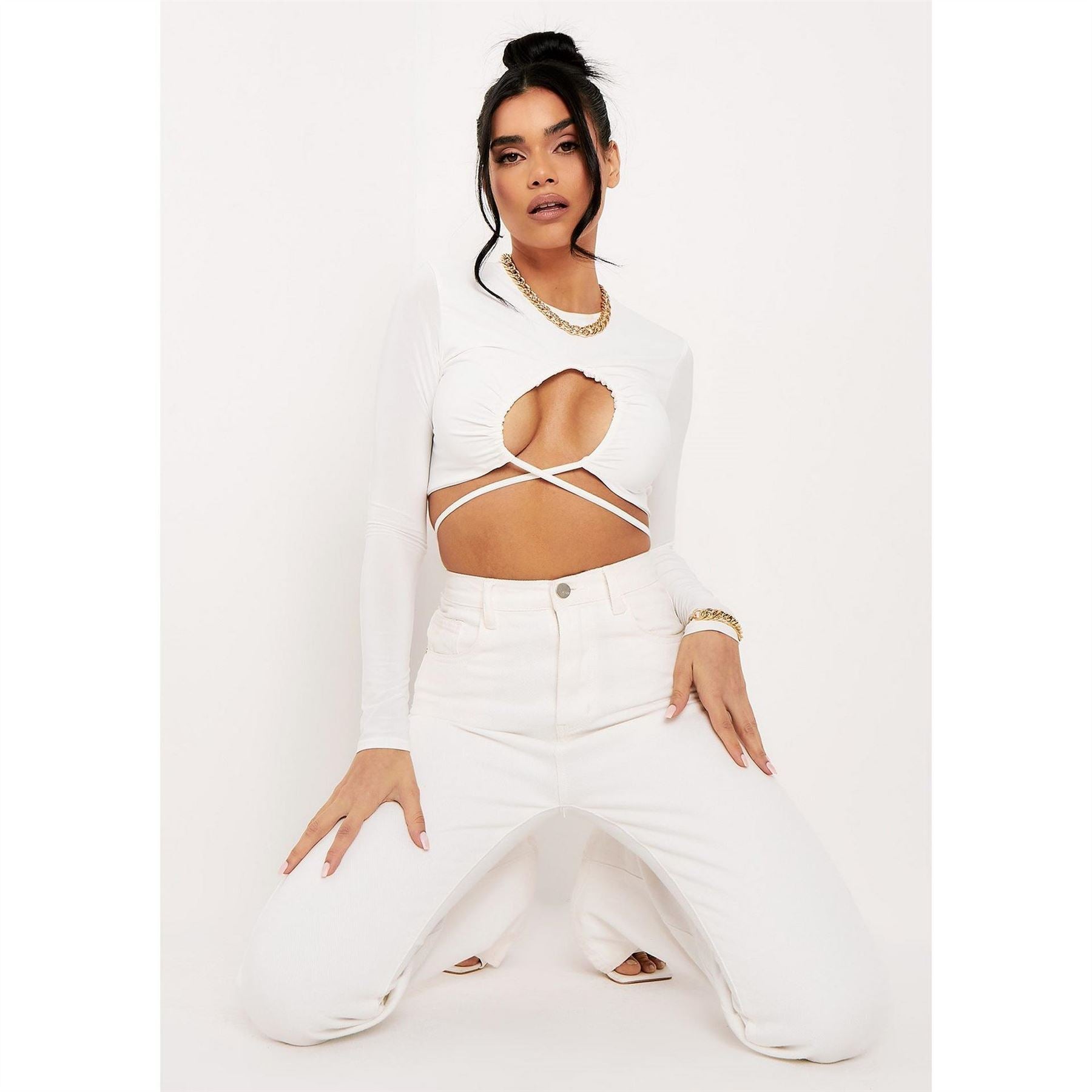 Missy Empire Ruched Front Tie Waist Crop Top