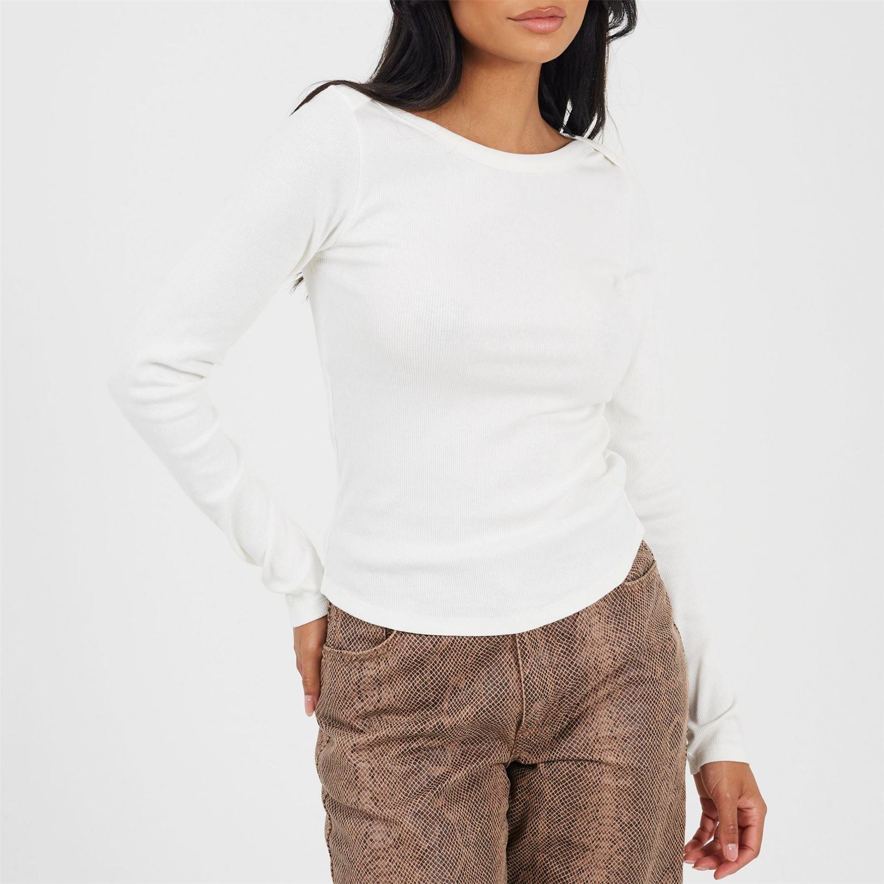 Brave Soul Womens Long Sleeve Boat Neck Top With Wide Binding Detail