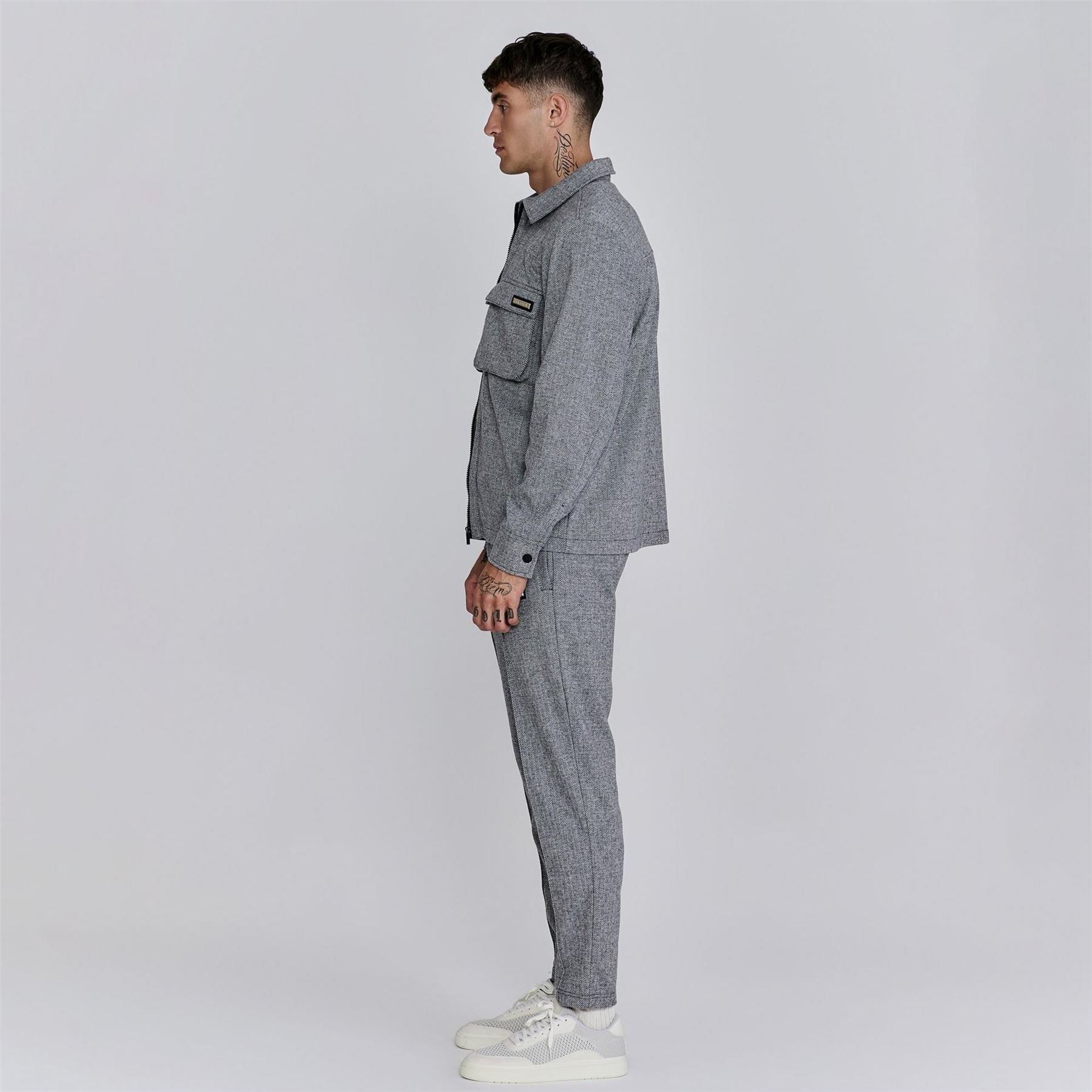 SikSilk Herringbone Snap Button Overshirt with Chest Pocket