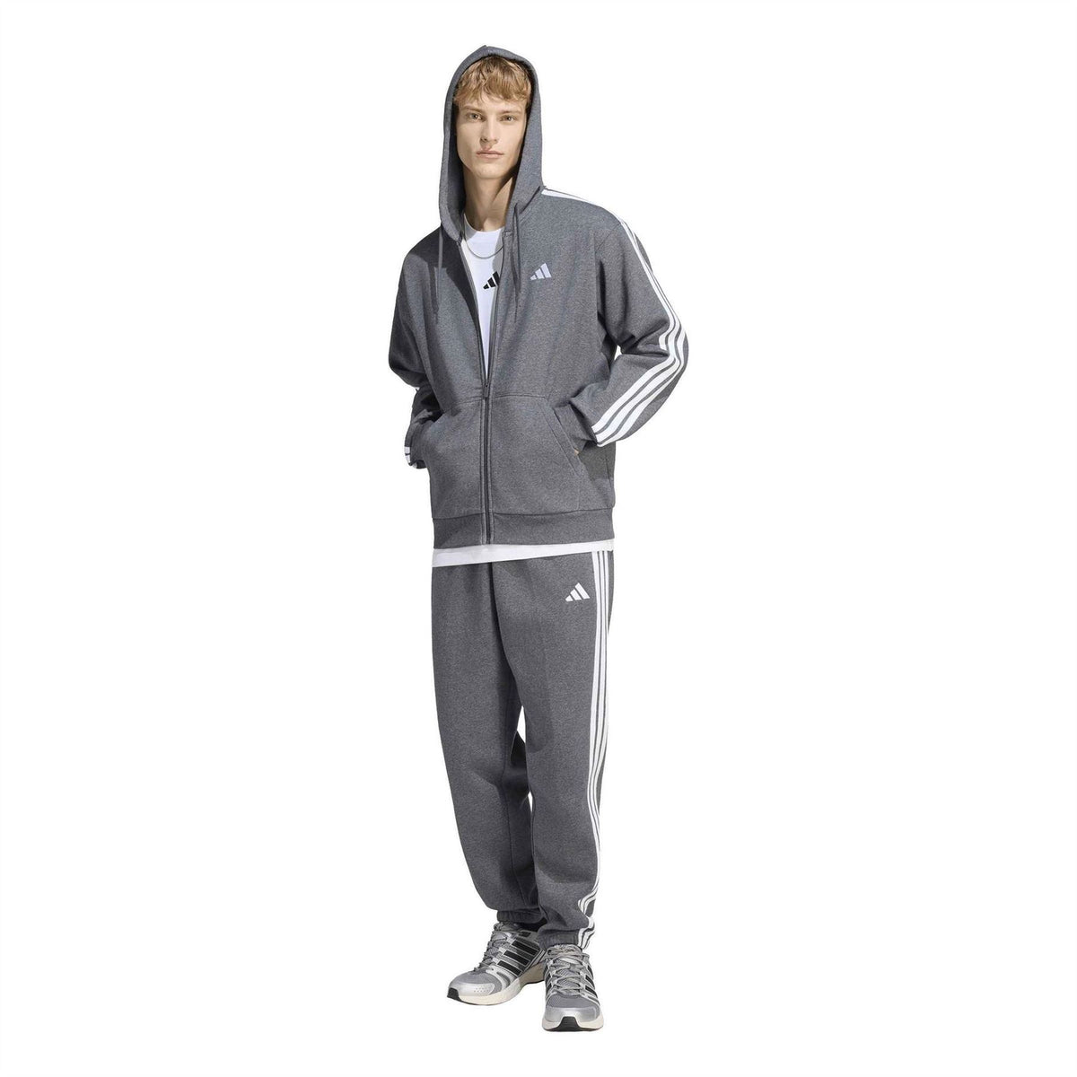 adidas Mens Essentials Fleece 3 Stripes Full Zip Hoodie
