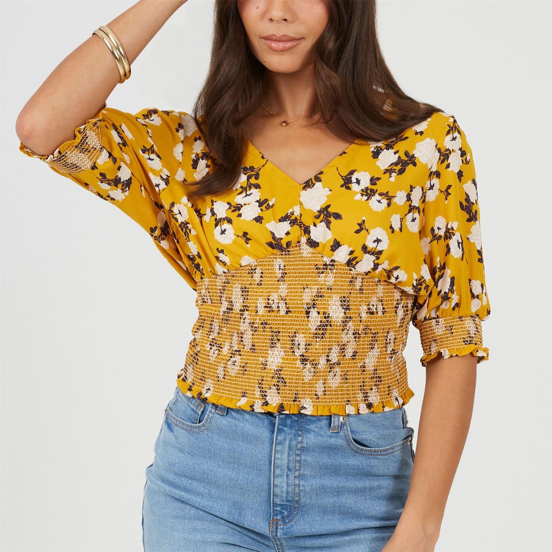Brave Soul V-Neck Three-Quarter Puff Sleeve Peasant Blouse