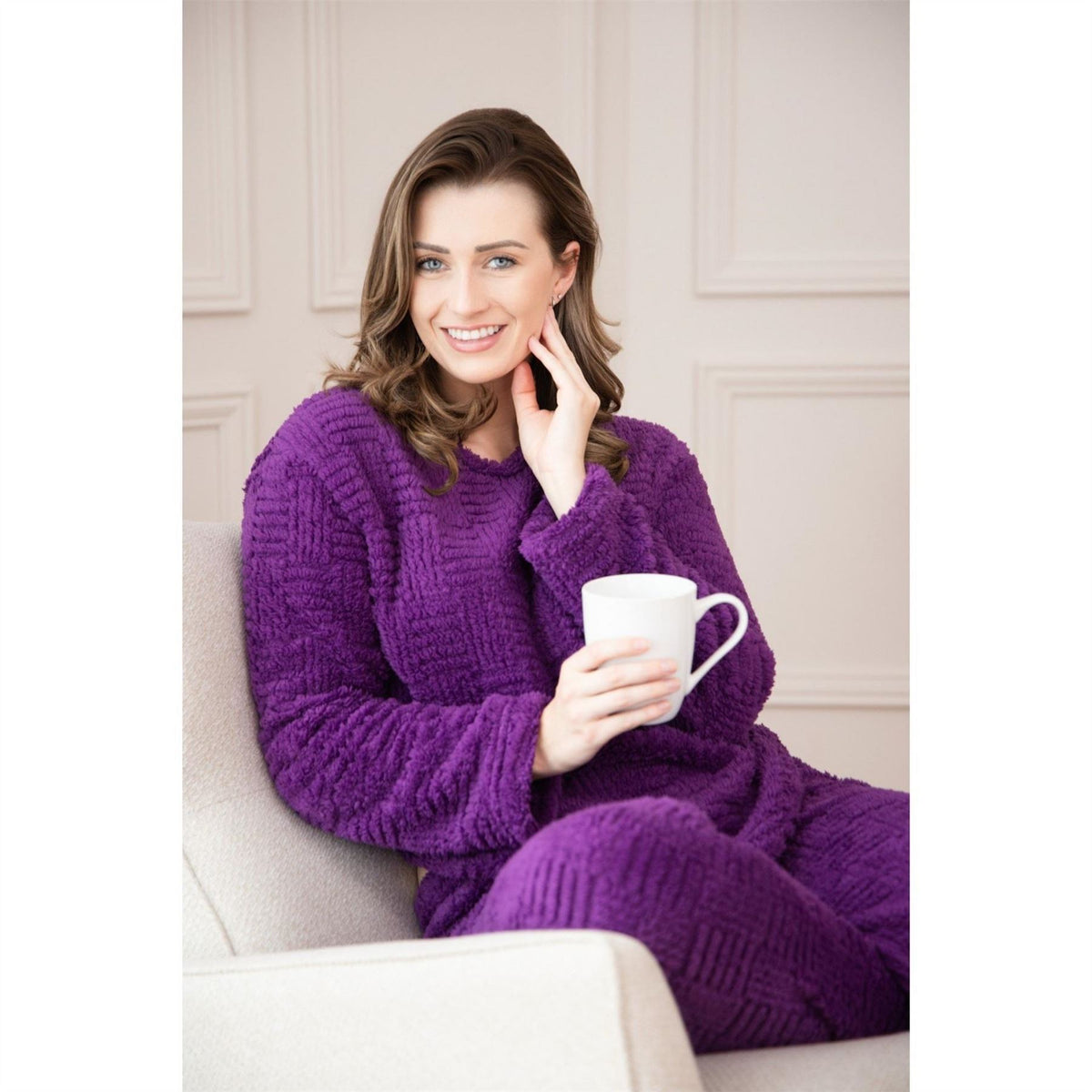 Camille Supersoft Textured Fleece Pyjamas With A Woven Pattern  And  Rope Detailing