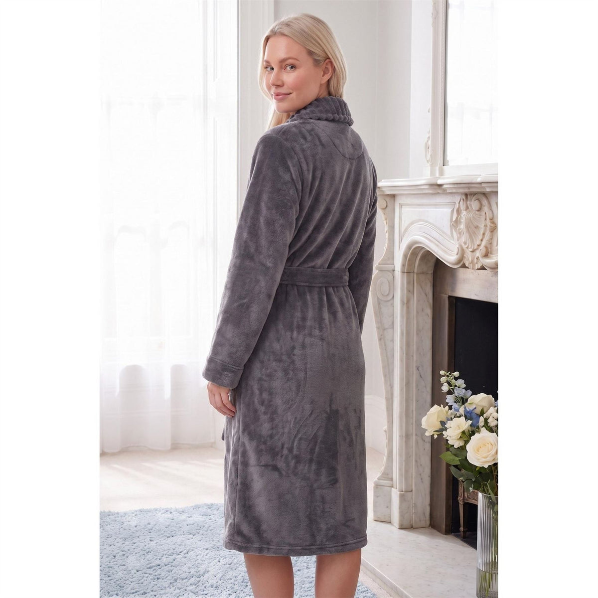 Camille Womens Supersoft Fleece Ribbed Collar Robe