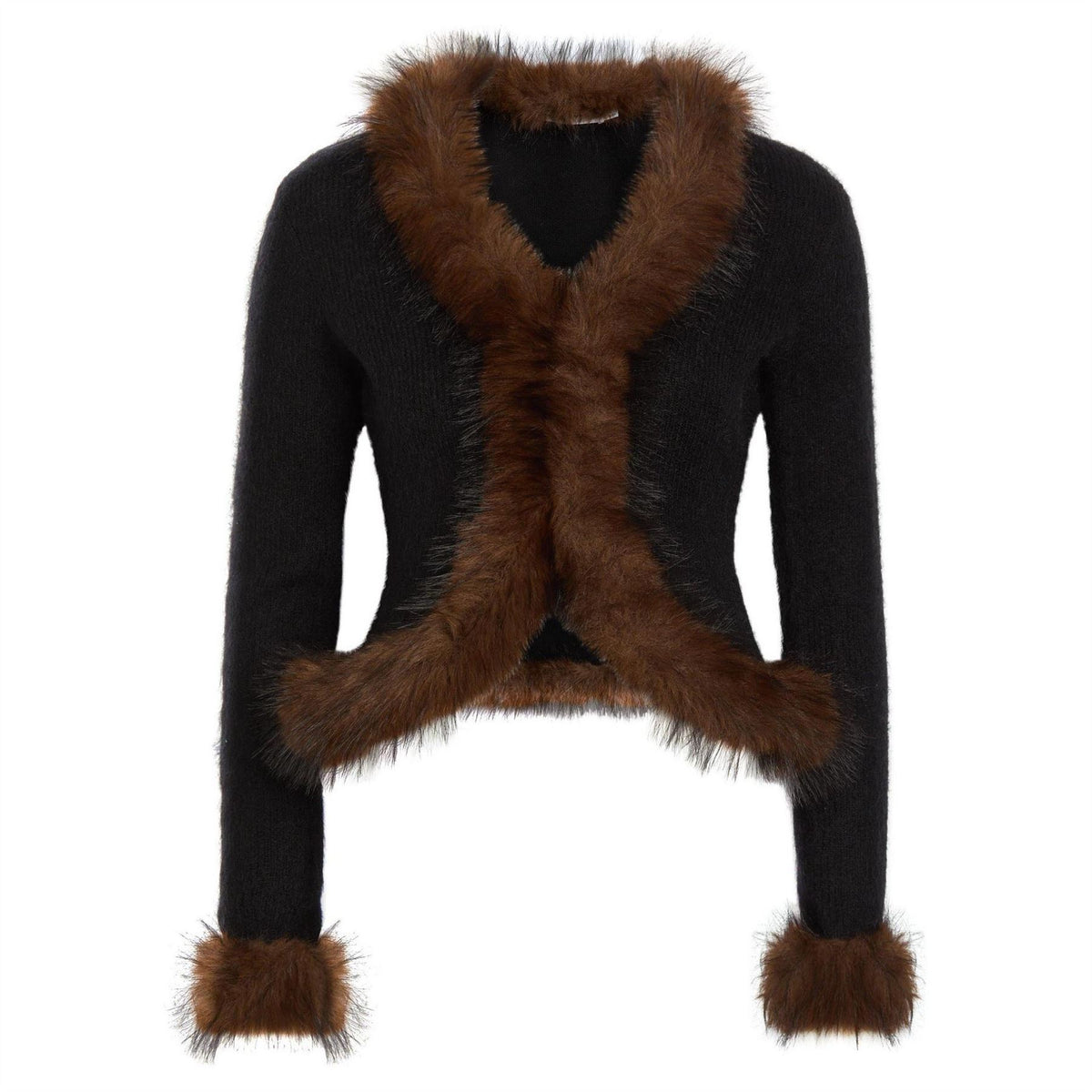 Self Portrait Black Faux Fur Knit Cardi