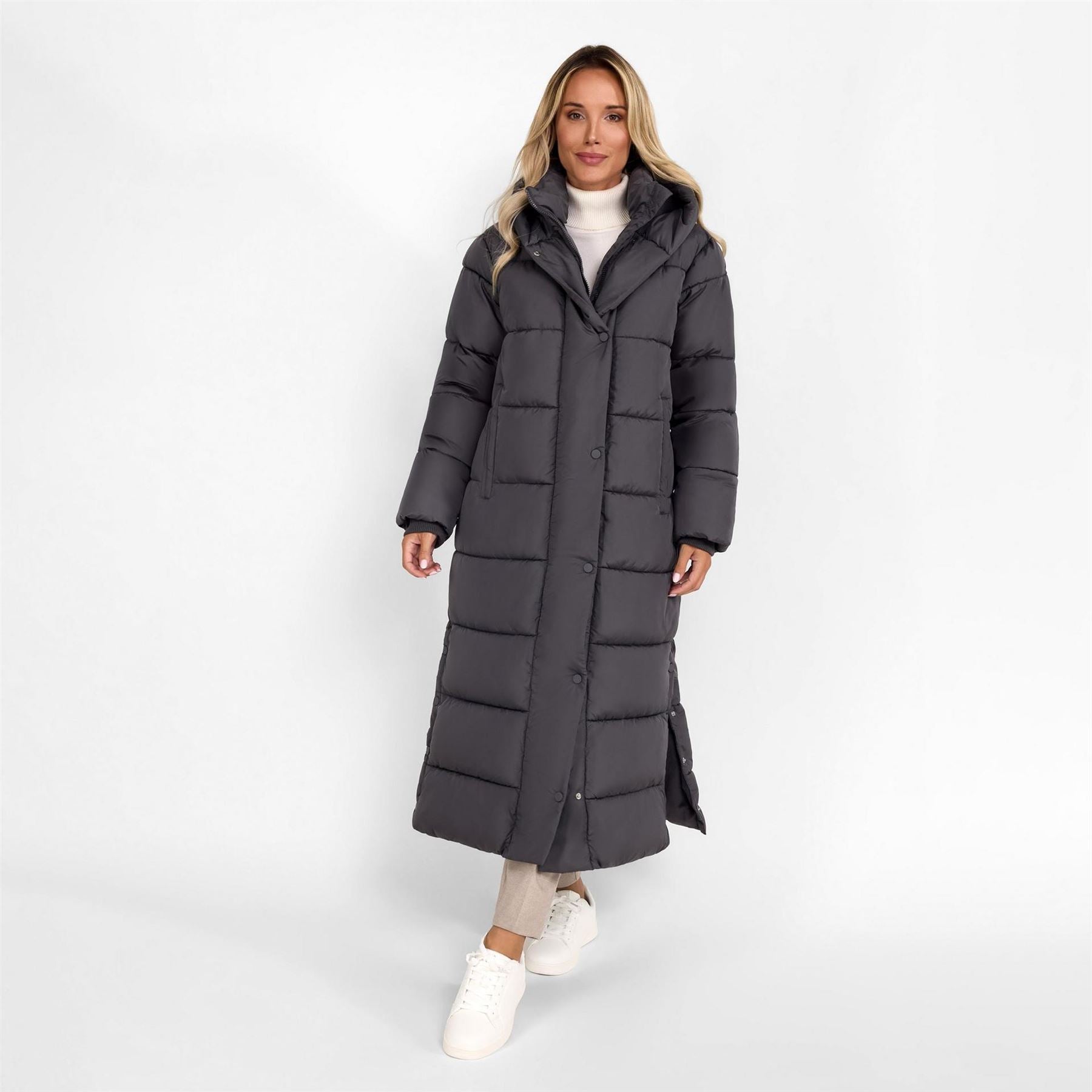 Minoti Women Long Padded Winter Coat With Hood And Zip Pockets Grey