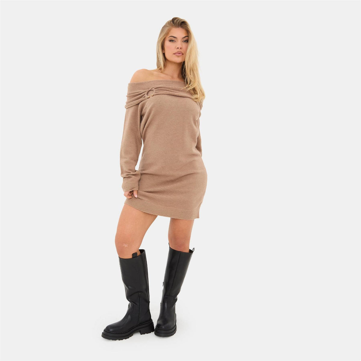 I Saw It First Trim Bardot Mini Long Sleeve Knitted Jumper Dress
