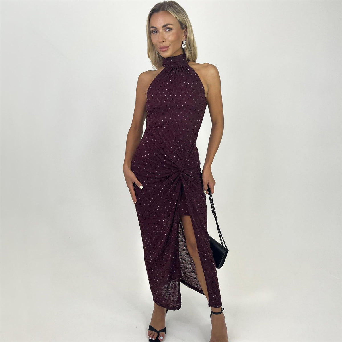 AX Paris Jacquard Diamante Halter Neck Knot Skirt Midi Dress