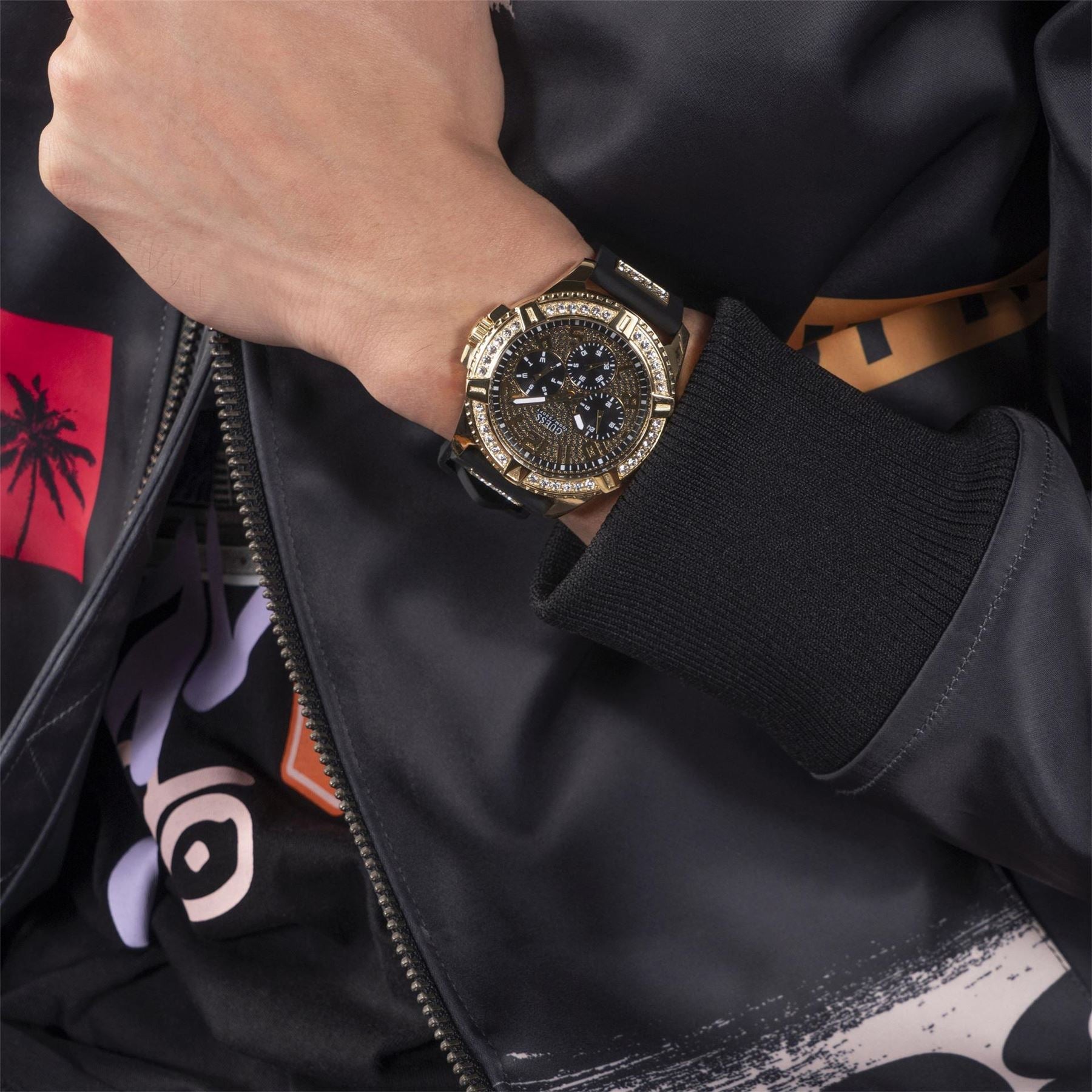 Guess Gold Analogue Fashion Watch with Black Rubber Single Wrap Strap