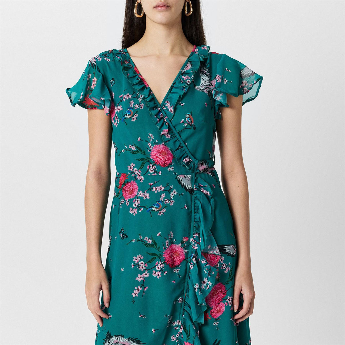 Yumi Crane Print V-Neck Midi Wrap Dress