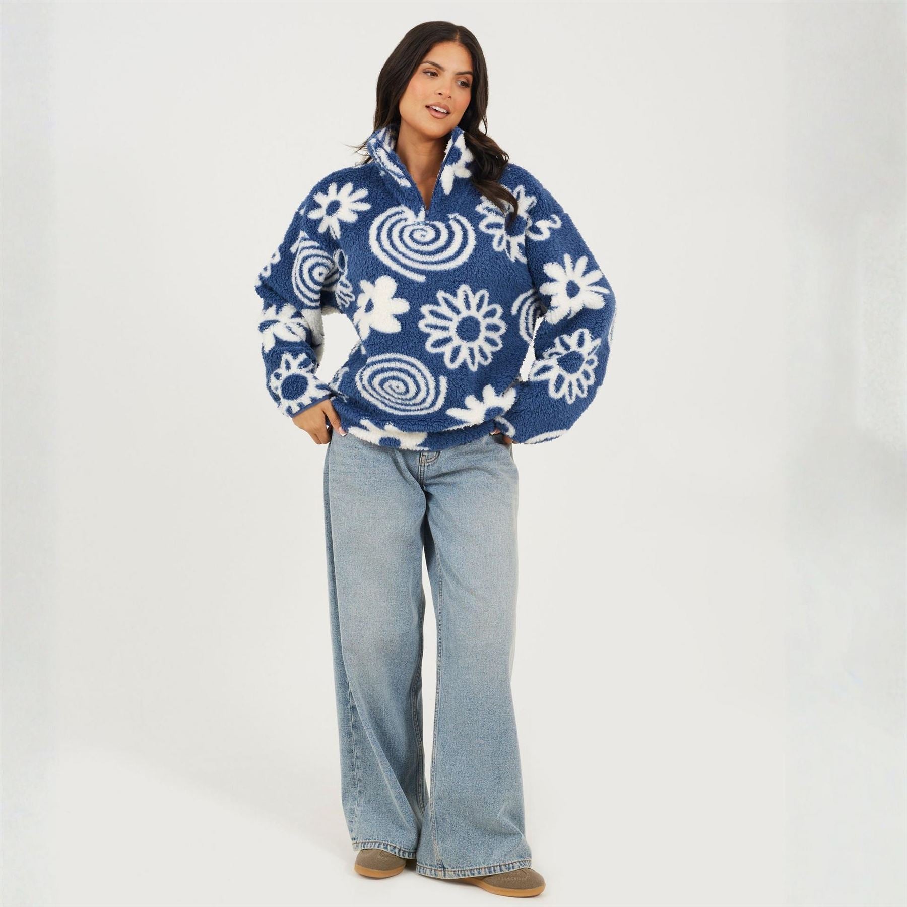 Brave Soul Flower Print High Neck Fleece Sweatshirt
