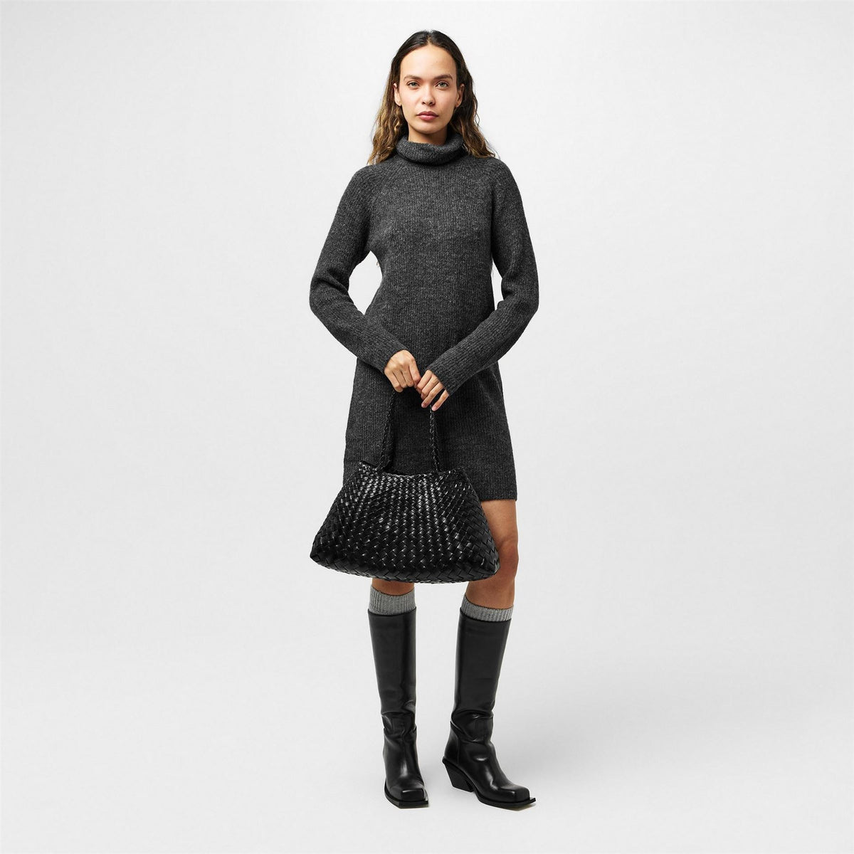Pieces Knit Turtleneck Long Sleeve Mini Sweater Dress