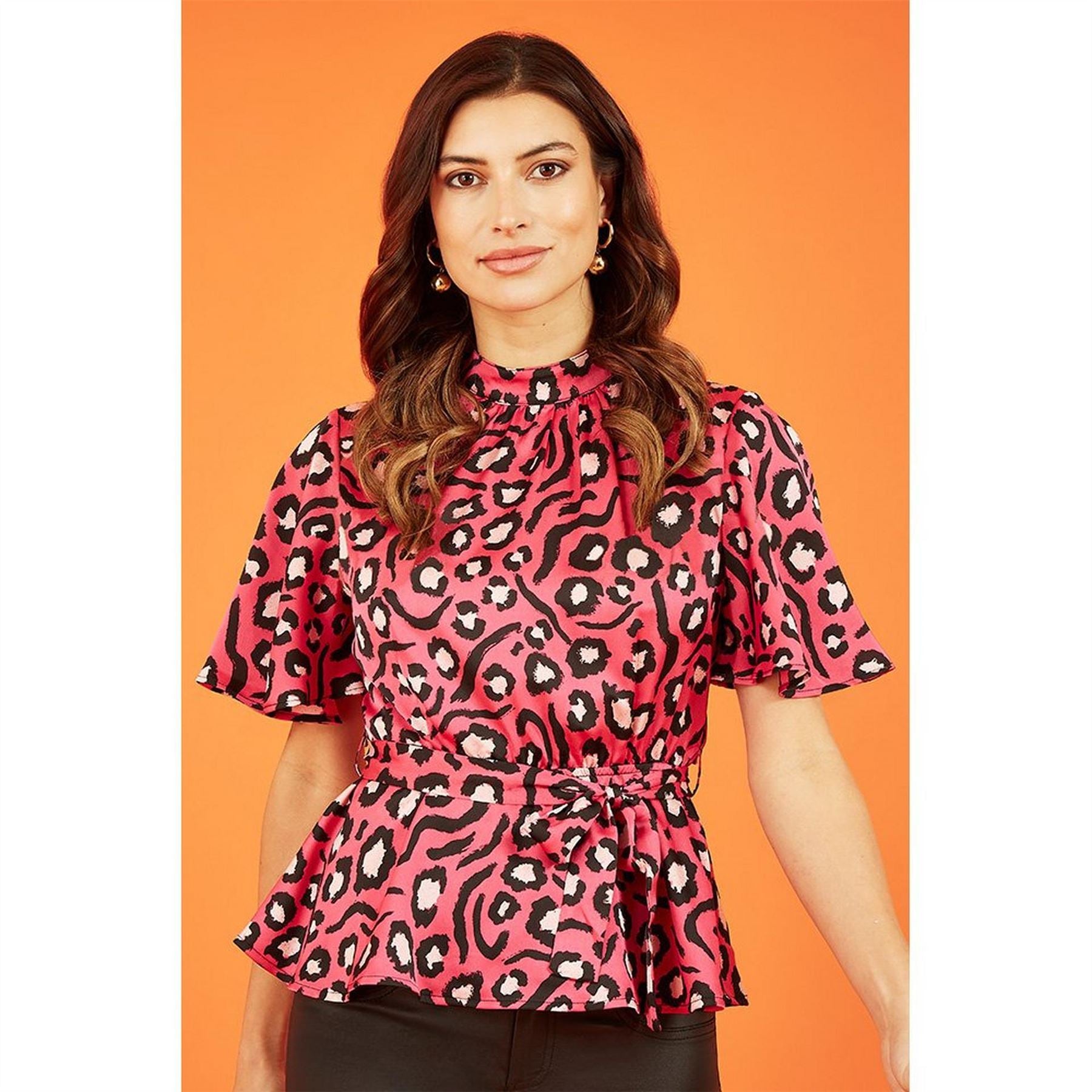 Mela London Pink Animal Print Belted High Neck Short Sleeve Blouse