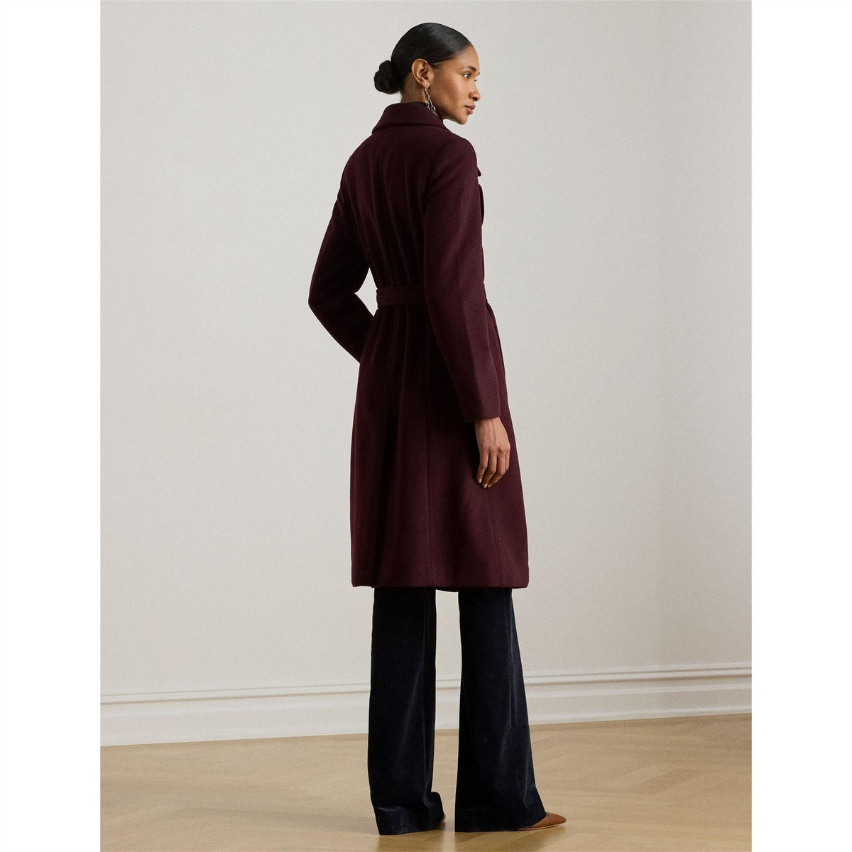 Lauren by Ralph Lauren Wool Solid Patterned Wrap Coat with Lapel Collar