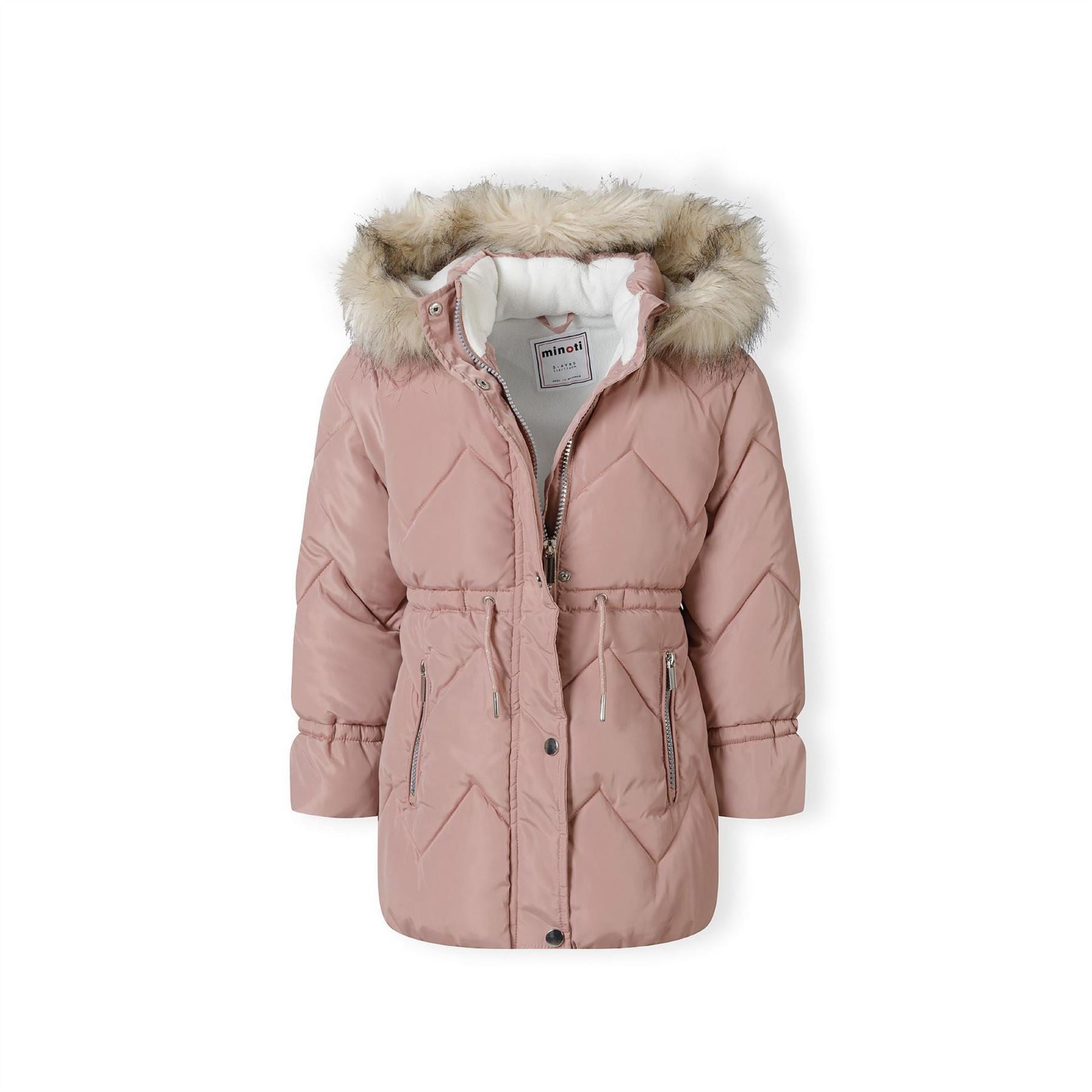 Minoti Girls Mid Length Quilted Jacket Faux Fur Hood Pink