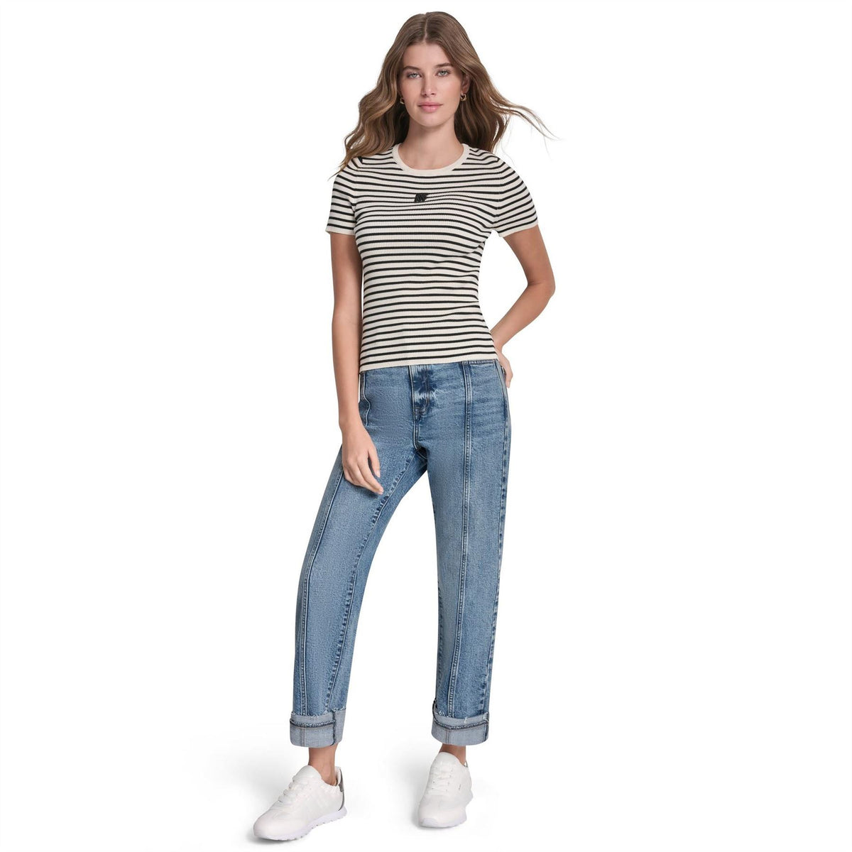 DKNY Jeans Crew Neck Striped Short Sleeve Rib Top