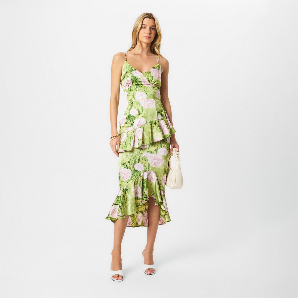 AX Paris Floral Satin Ruffle Midi Dress