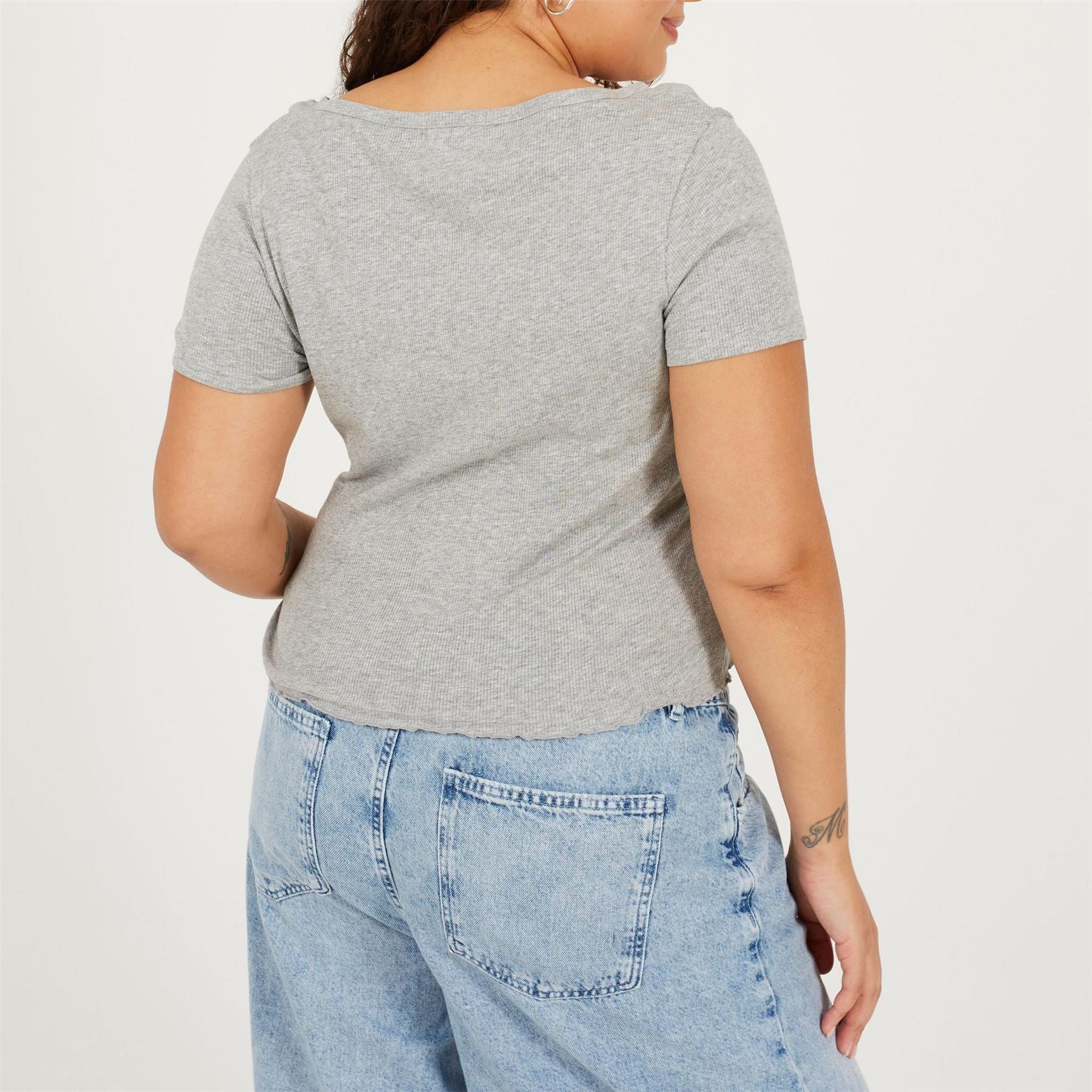 Brave Soul Plus Size Button Through Short Sleeve Top With Lettuce Hem