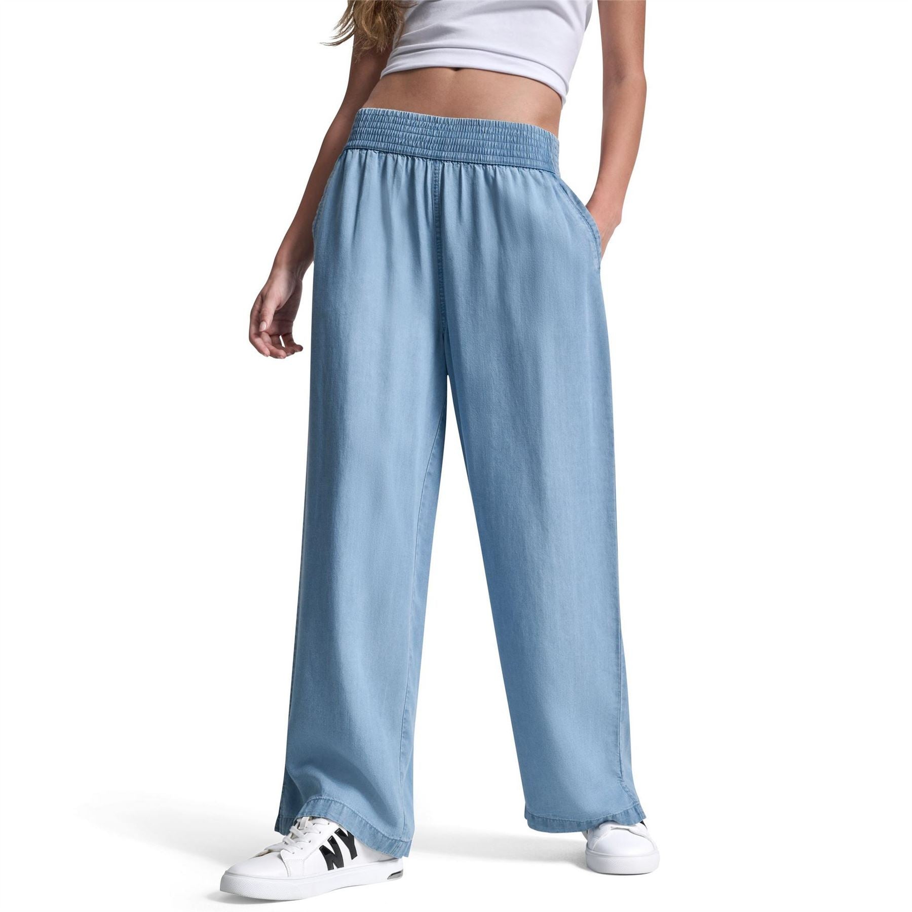DKNY Jeans Wide Leg Tencel Ankle Pant W  High Rise Smocked Waistband