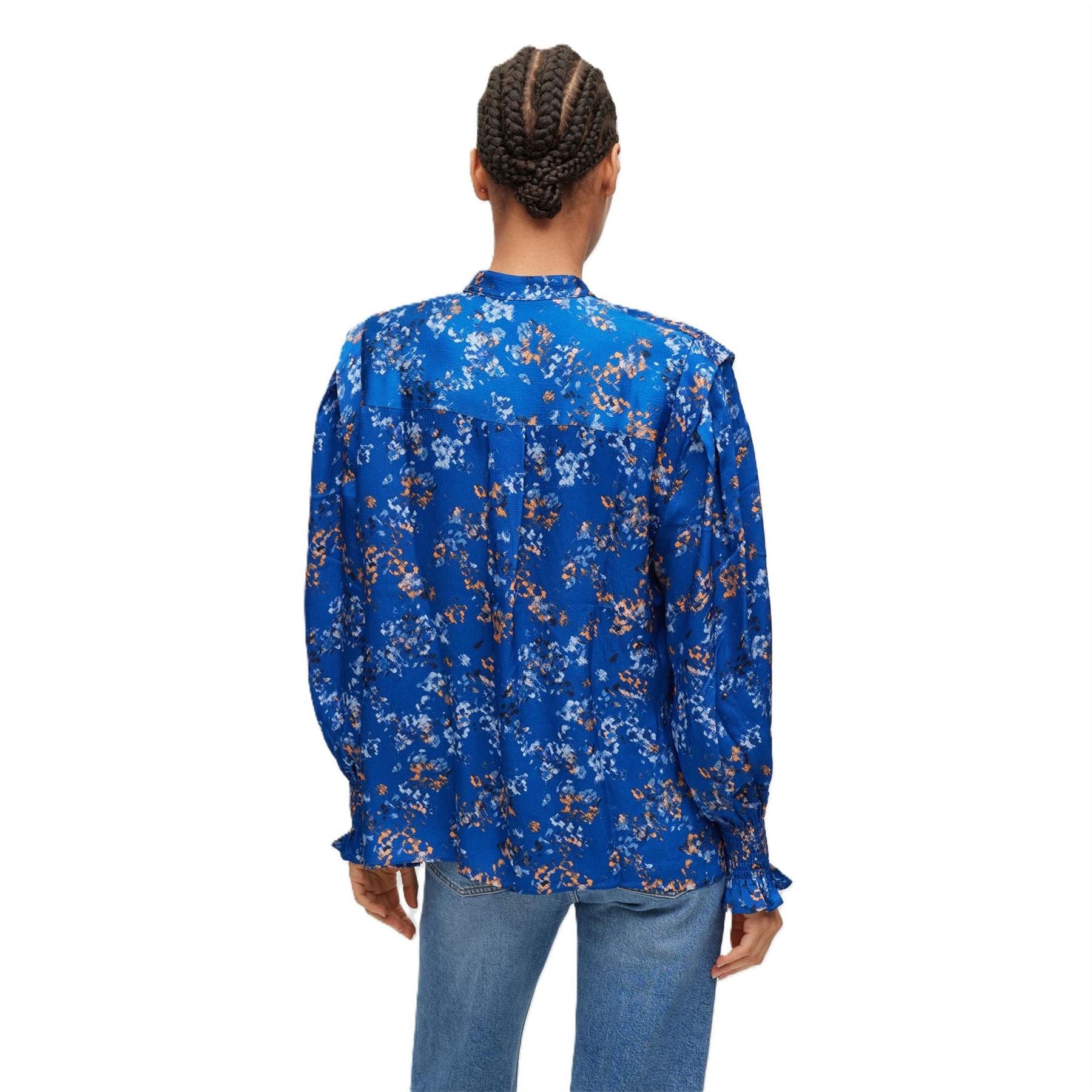 Boss Band Collar Long Sleeve Ruffle Blouse