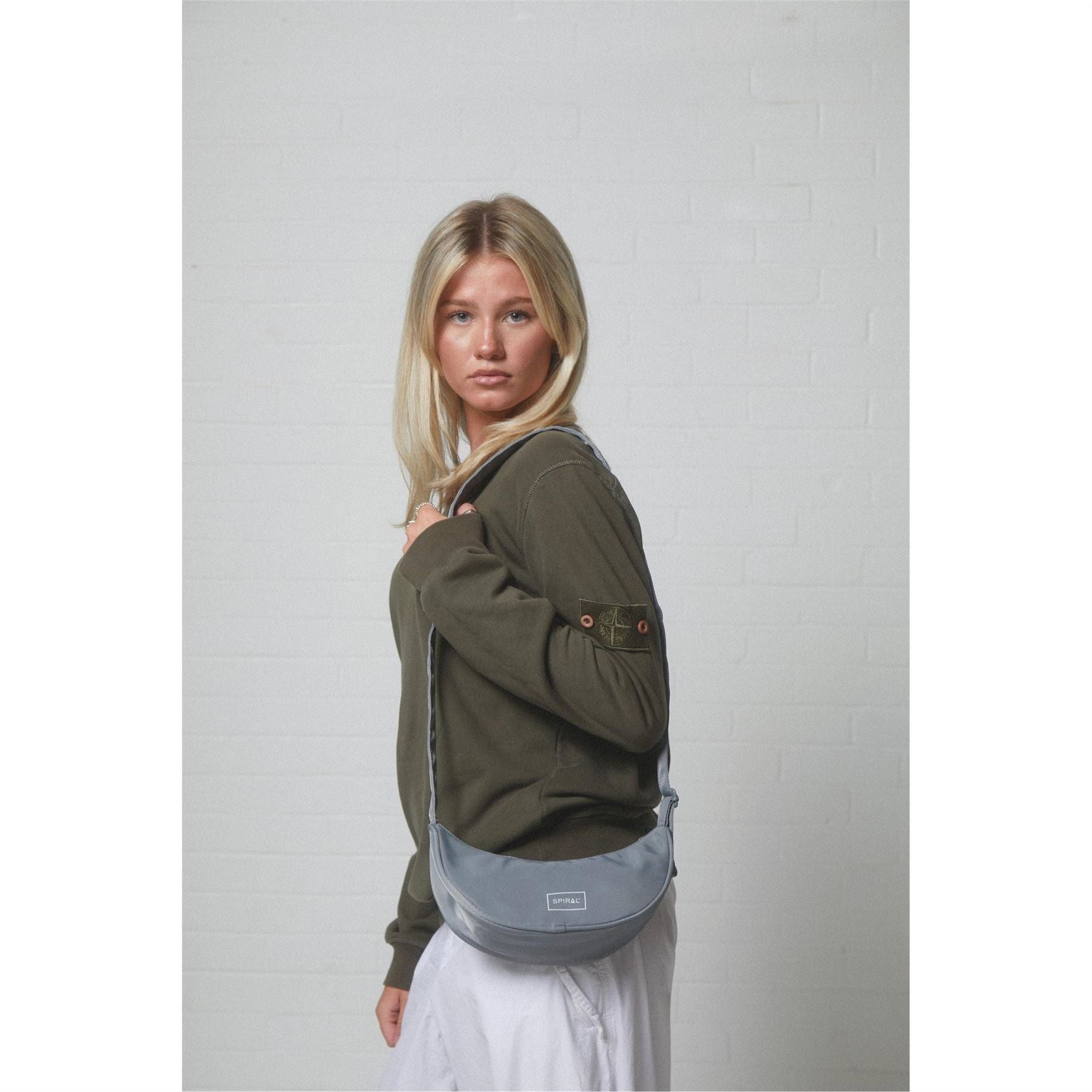 Spiral Cali Crescent Shape Cross Body Bag with Logo Patch