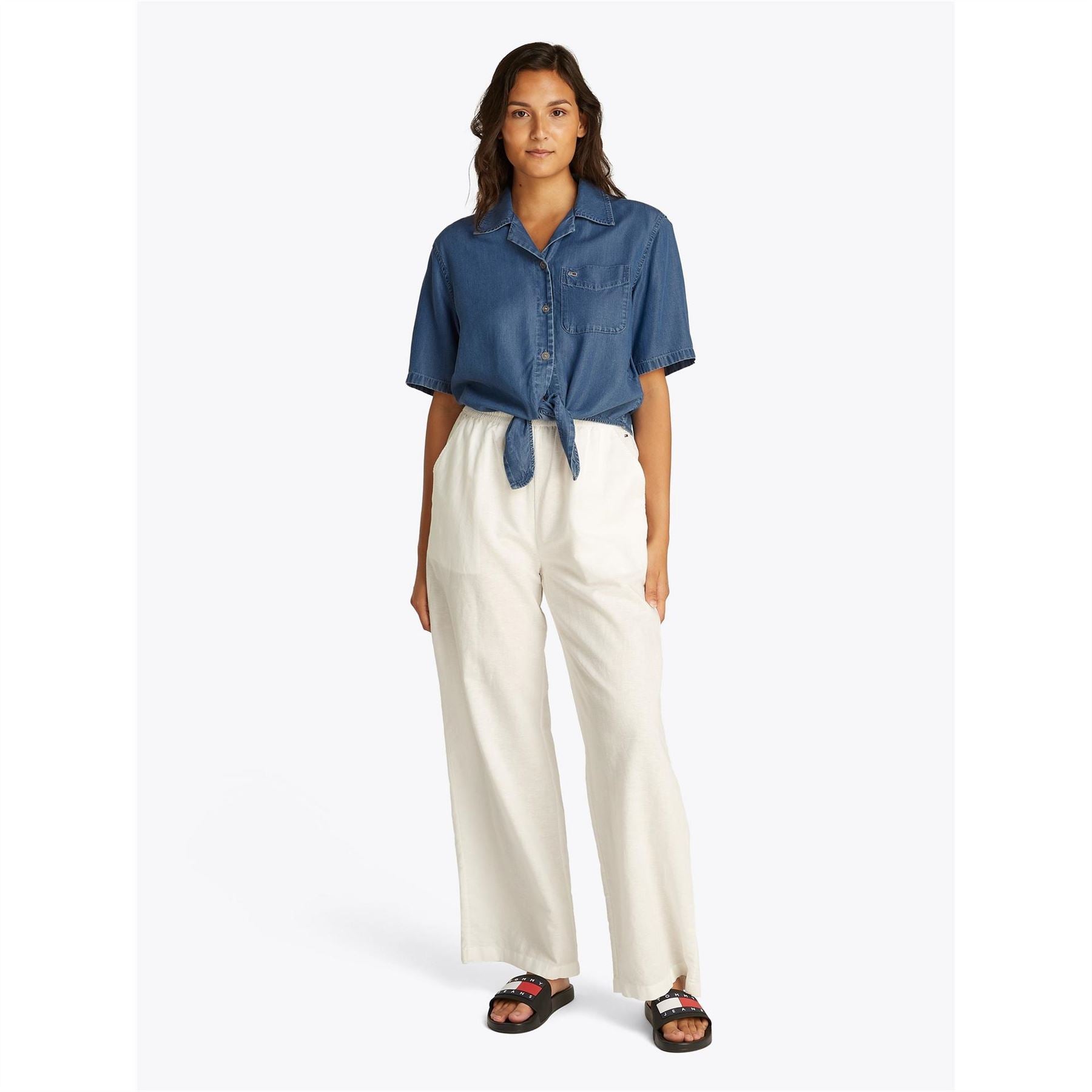Tommy Jeans Chambray Tie Cropped Short Sleeve Shirt