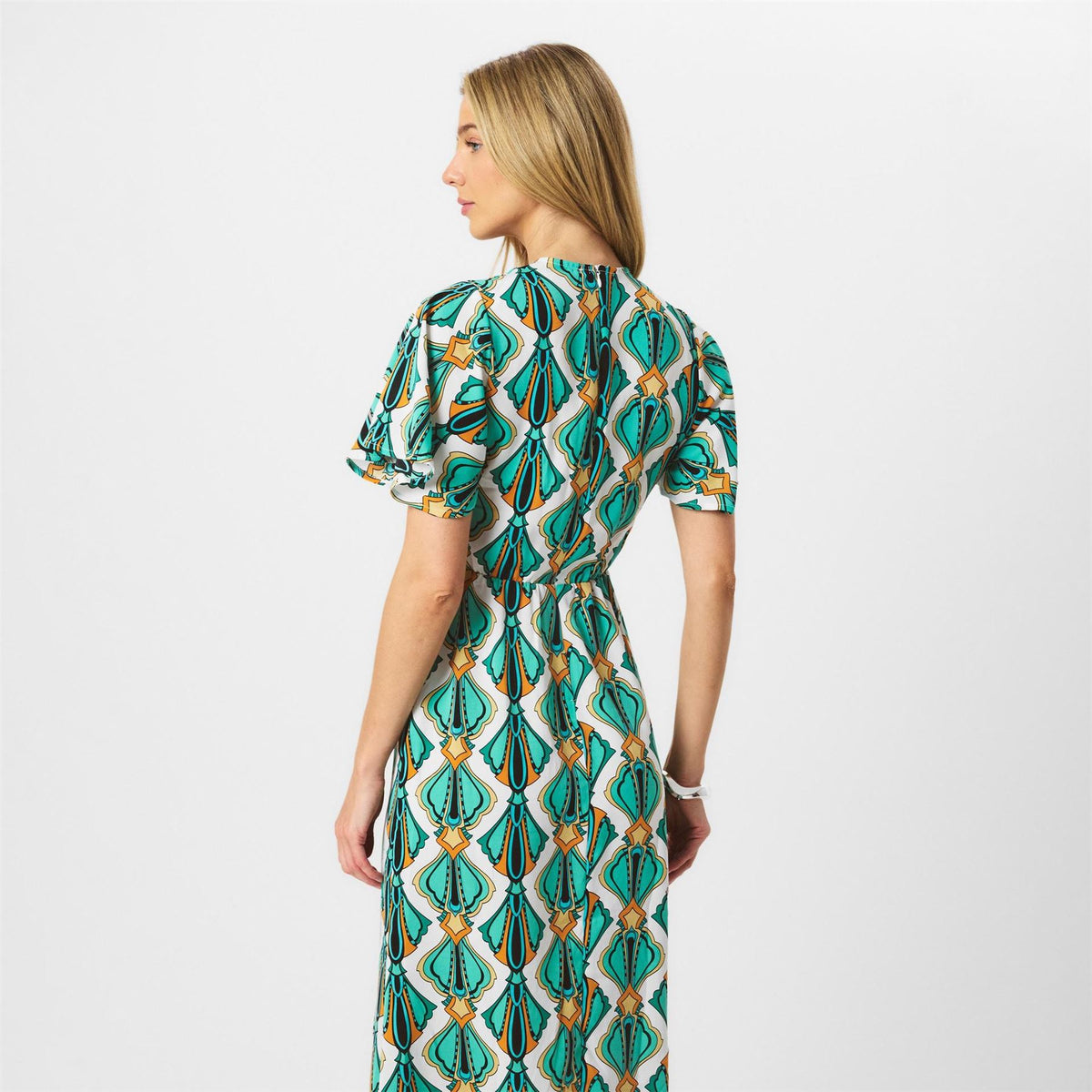 AX Paris Print V Neck Tie Detail Short Sleeve Midi Dress