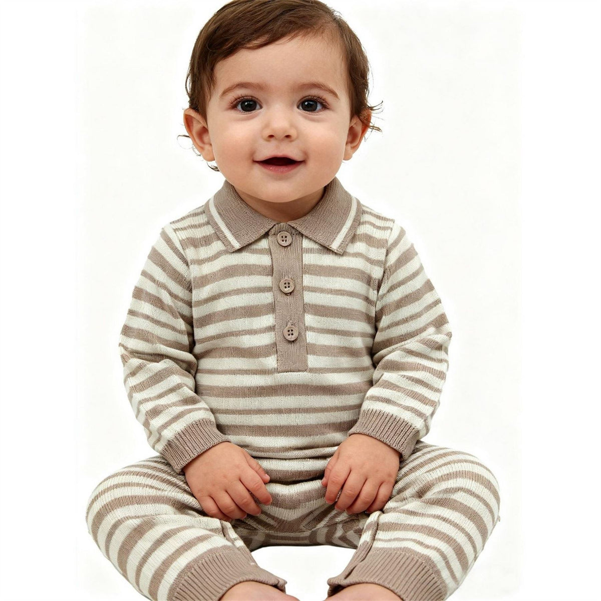 Pretty Green Infant Collared Neck Horizontal Stripe Long Sleeve Romper