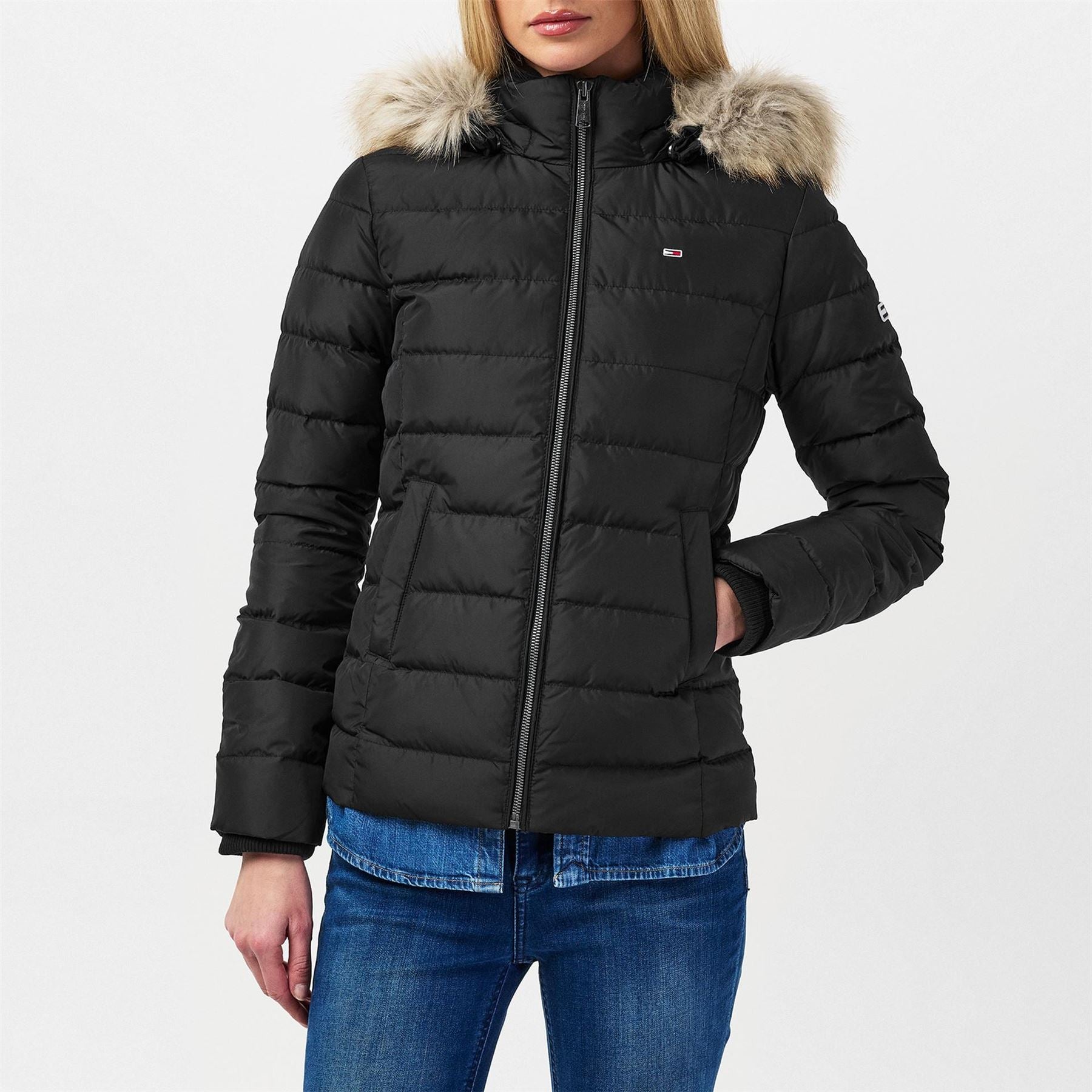 Tommy Jeans Essential Quilted Wind Resistant Faux Fur Hood RDS Down Short Puffer Jacket