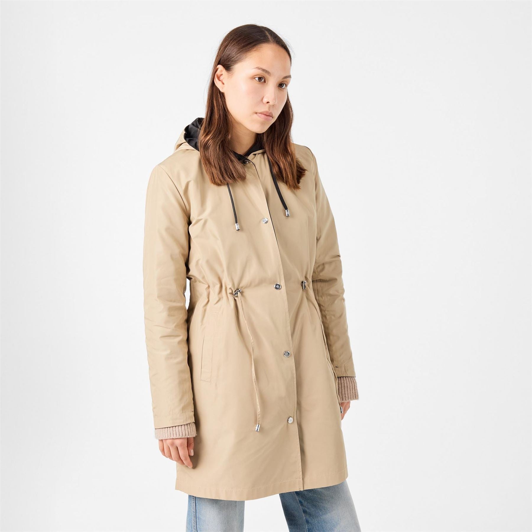 Lauren by Ralph Lauren Solid Patterned Hooded Snap Button Rain Jacket
