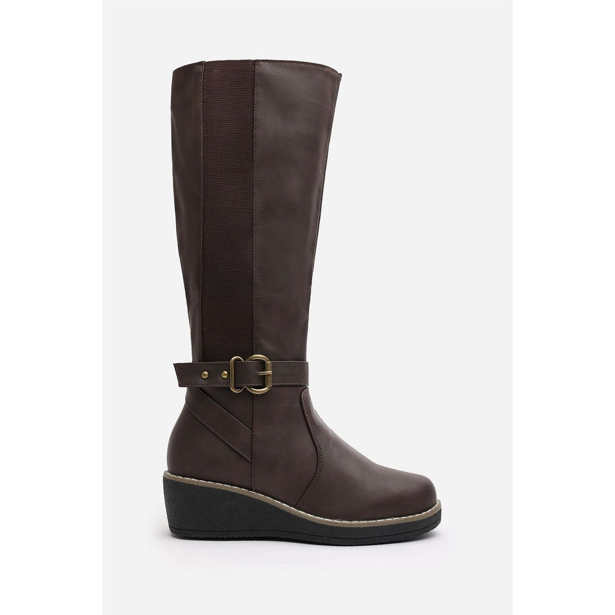 Wheres That From Knee High Wedge Boots With Strap And Buckle