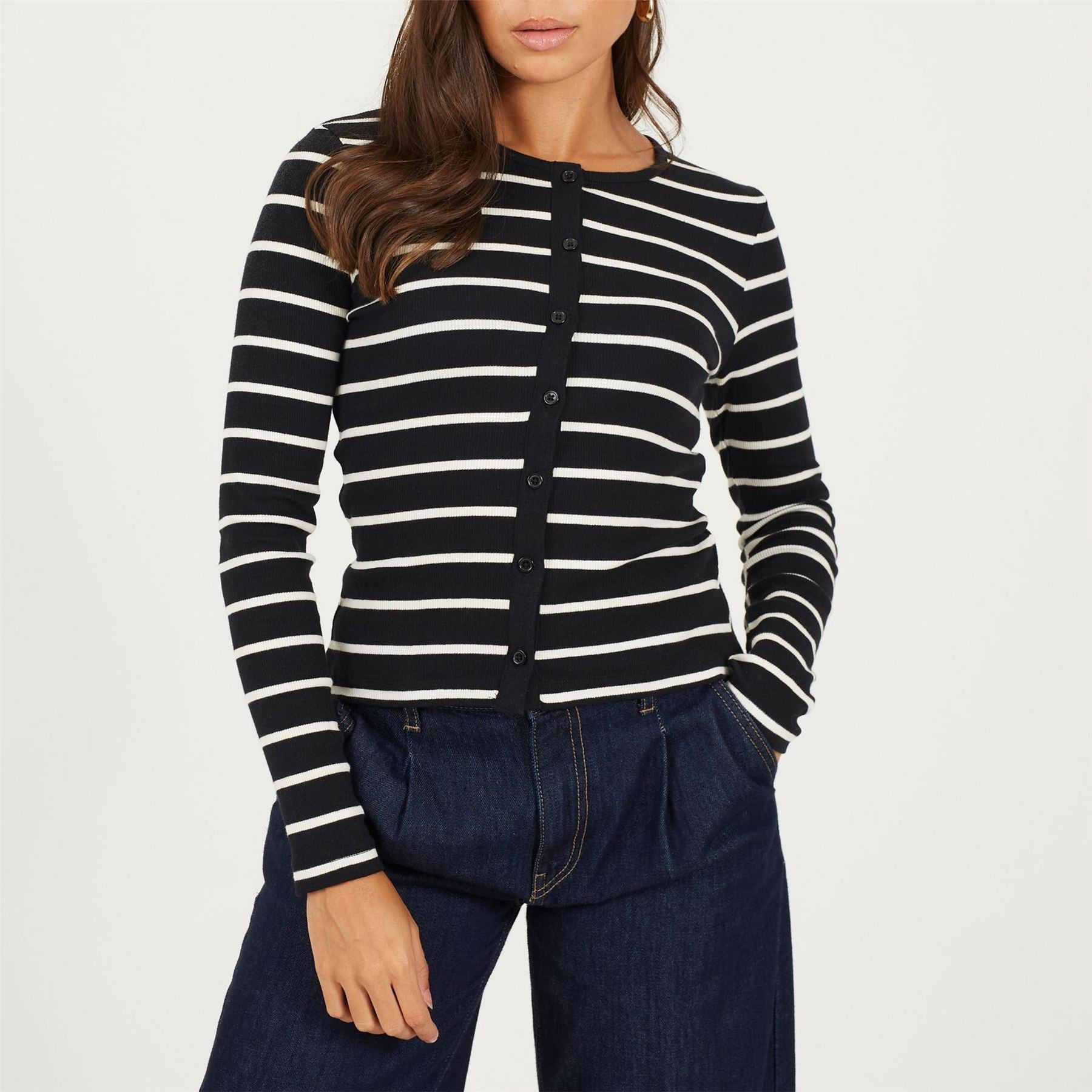Brave Soul Womens Long Sleeve Button Down Striped Jersey Top