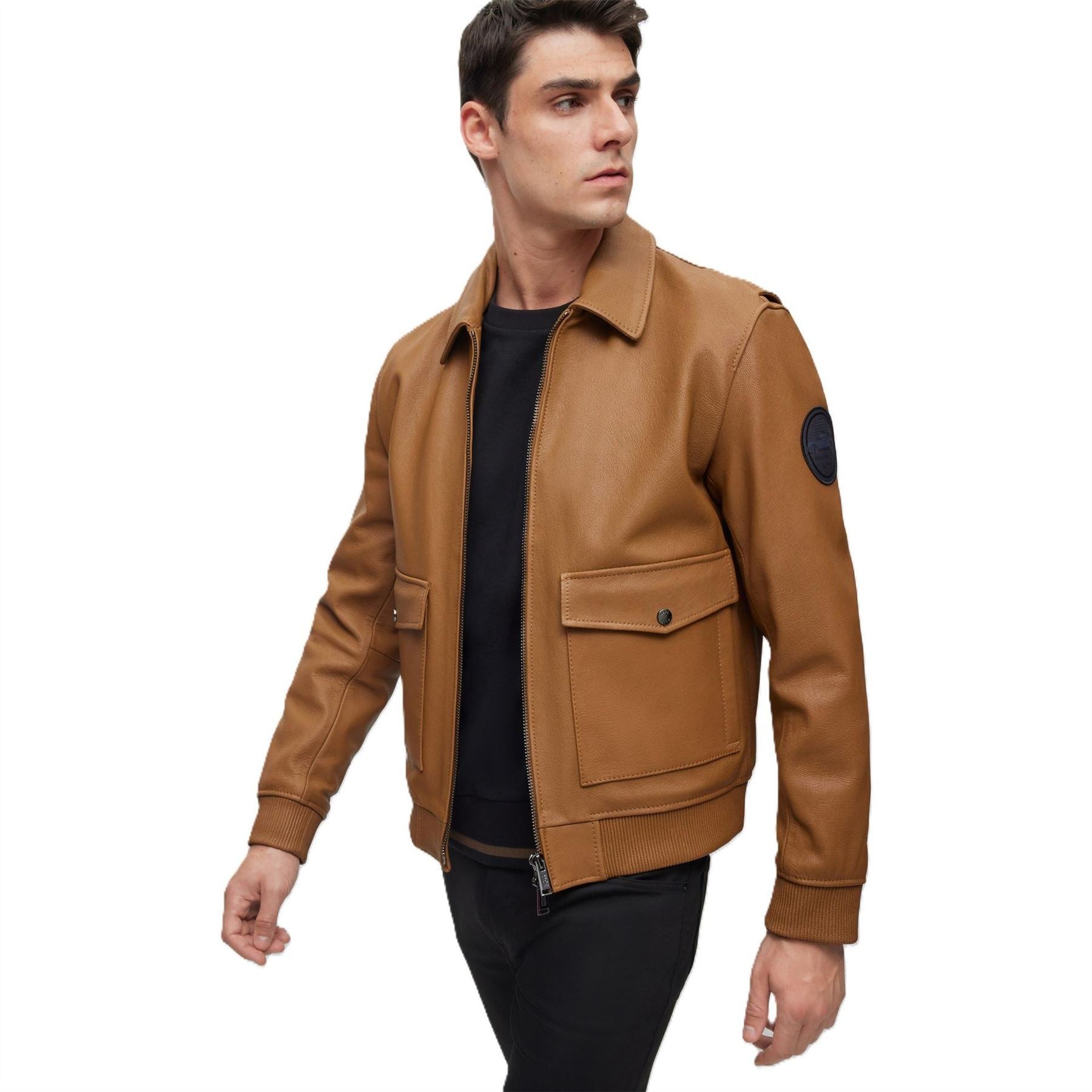 Boss Mylen Solid Patterned Ribbed Cuff Bomber Jacket