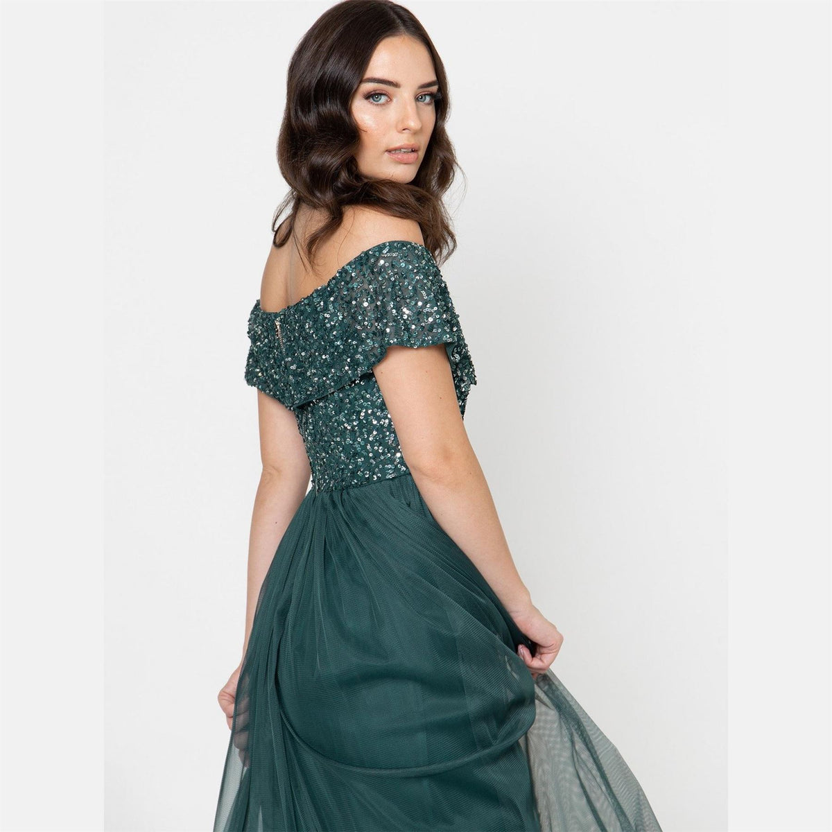 Maya Deluxe Emerald Green Bridesmaid Bardot Embellished Maxi Dress
