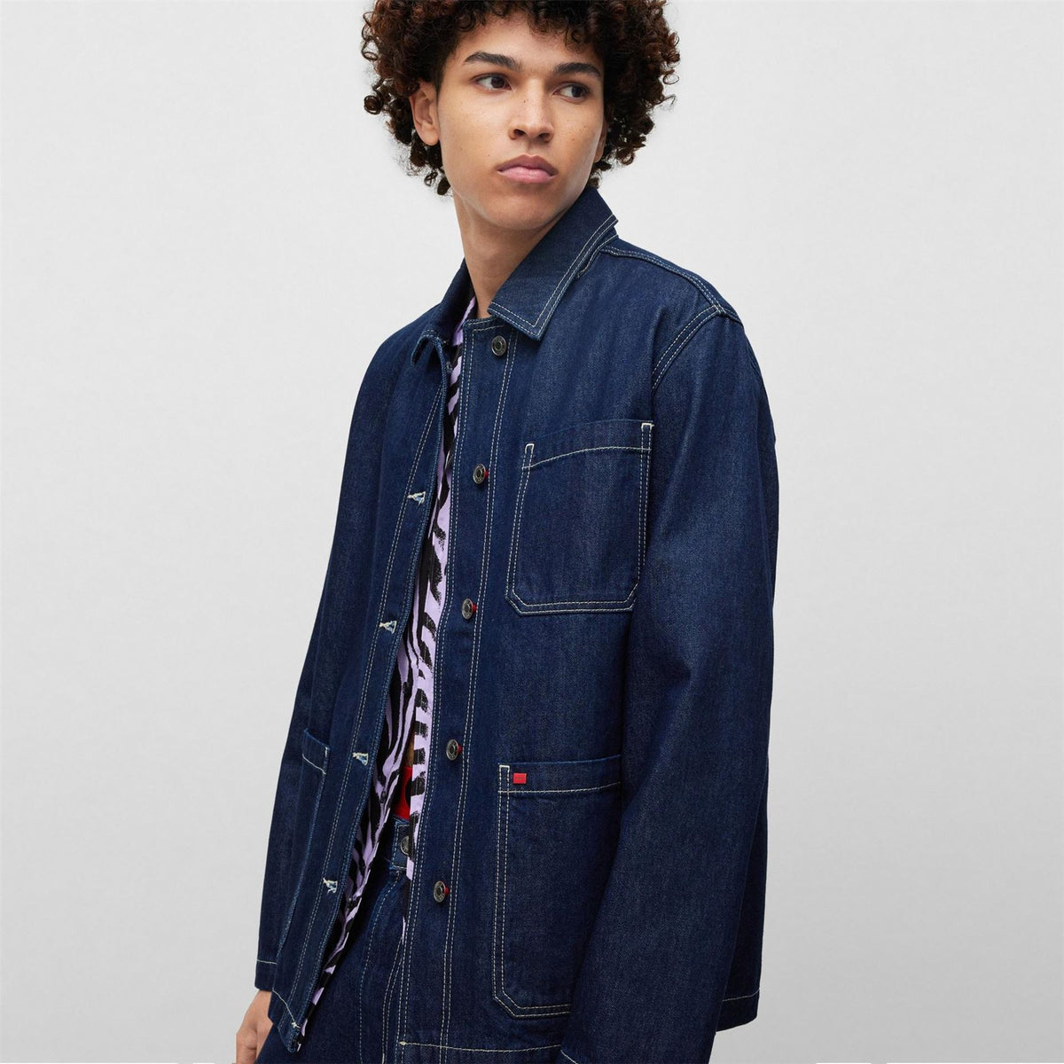 Hugo Solid Patterned Denim Jacket with Shirt Collar